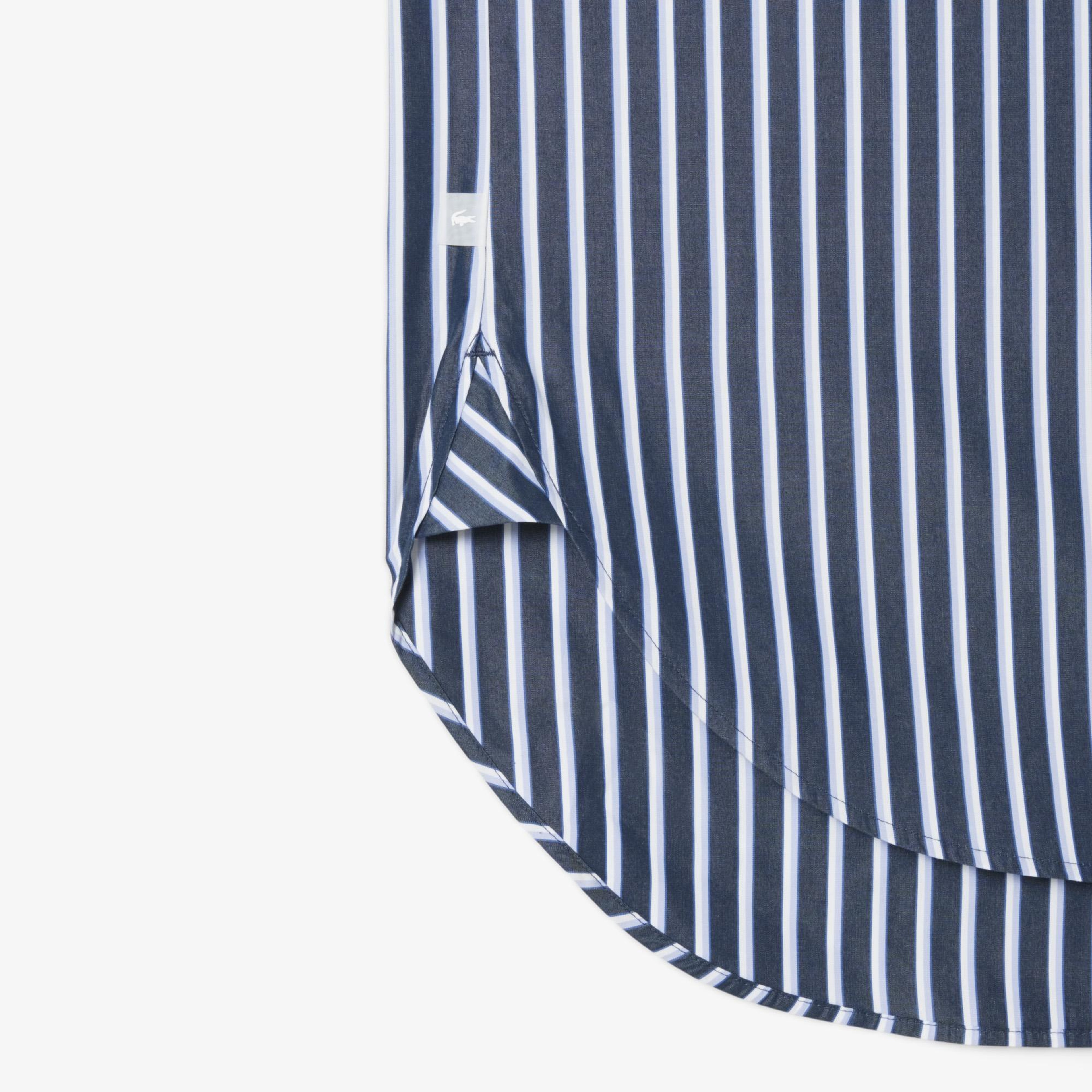 Kadın Oversize Fit Düğmesiz Yaka Çizgili Lacivert Gömlek