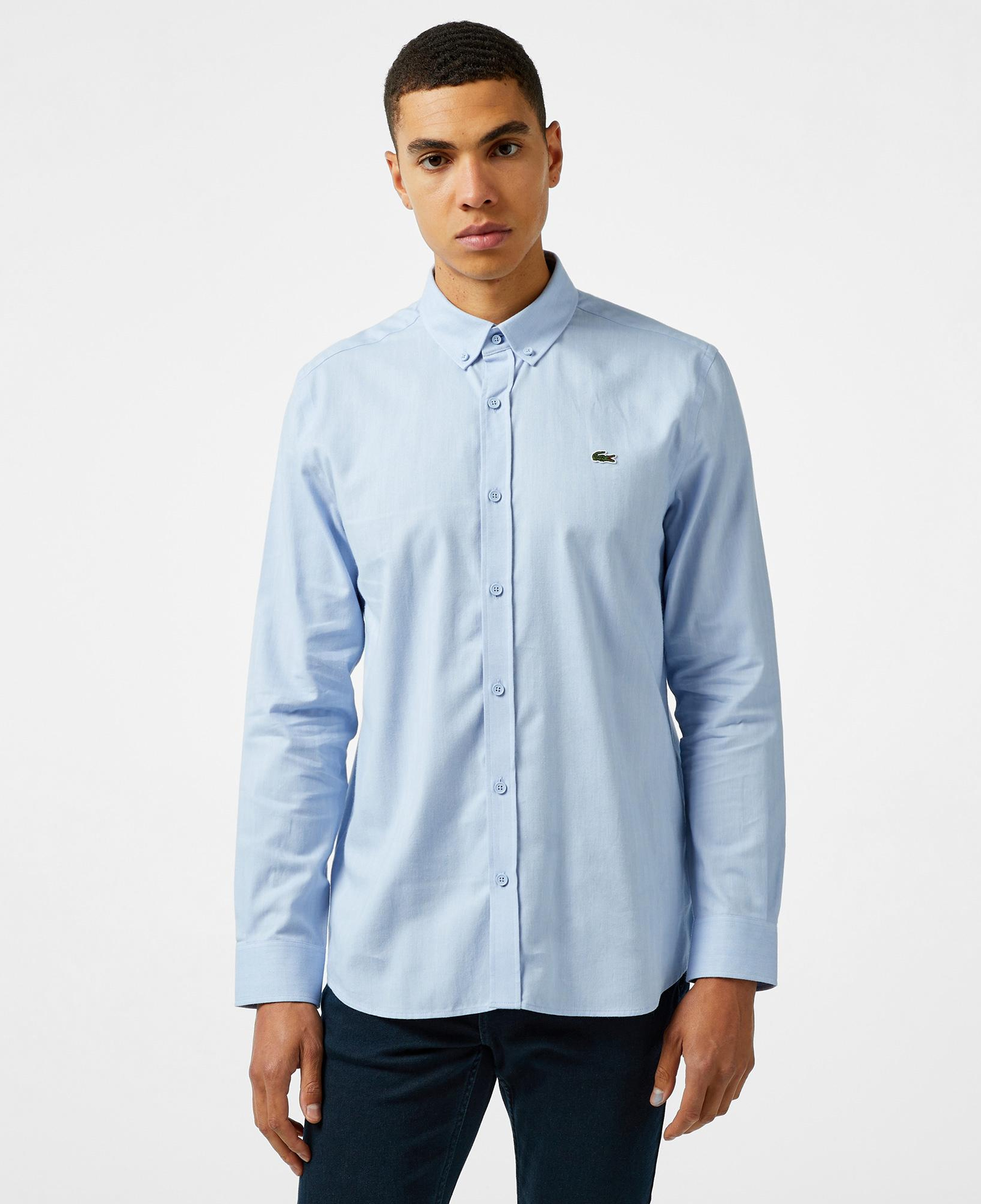 Erkek Slim Fit Düğmeli Yaka Mavi Gömlek