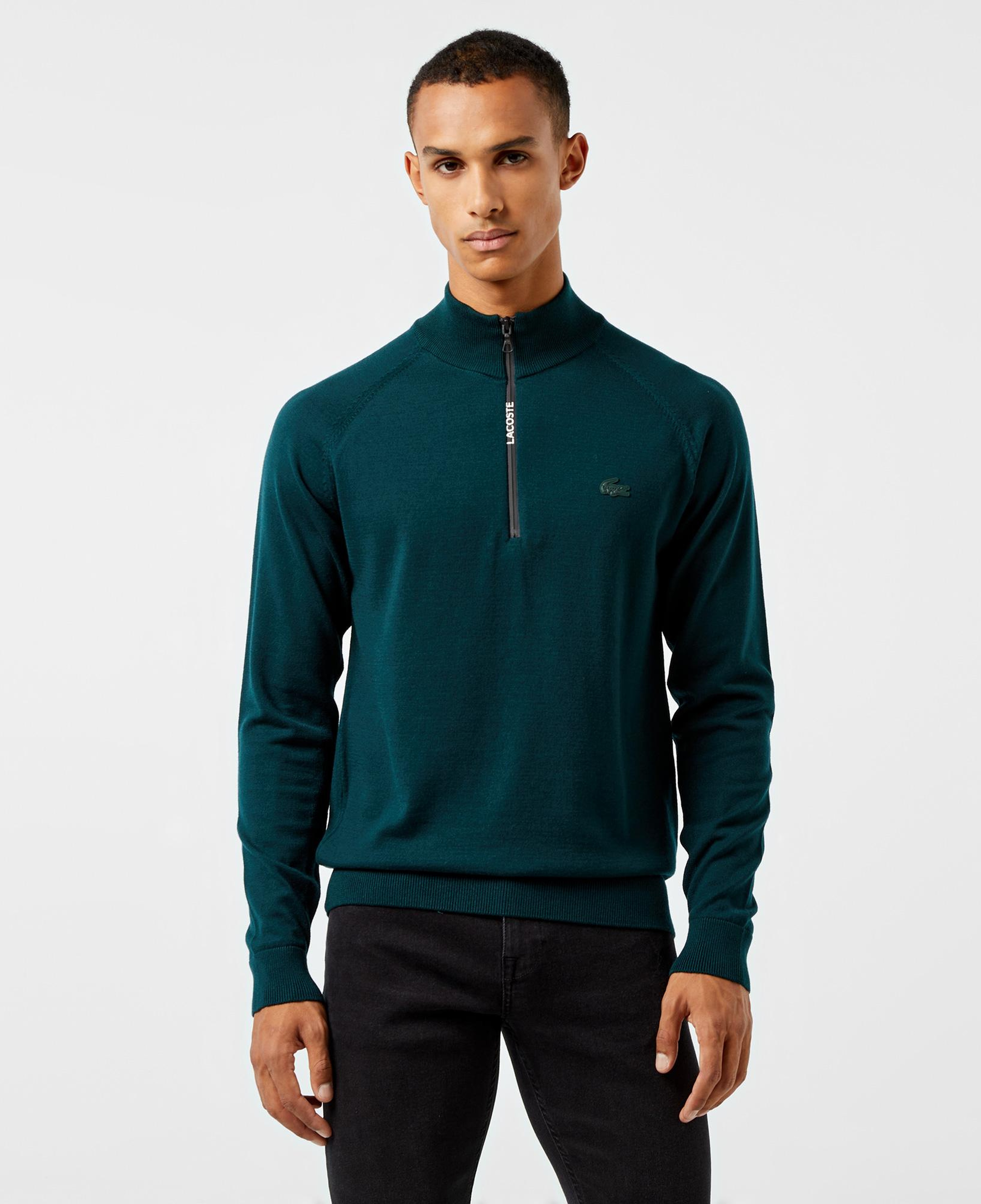 Erkek Regular Fit Yarım Fermuarlı Koyu Yeşil Yün Karışımlı Triko