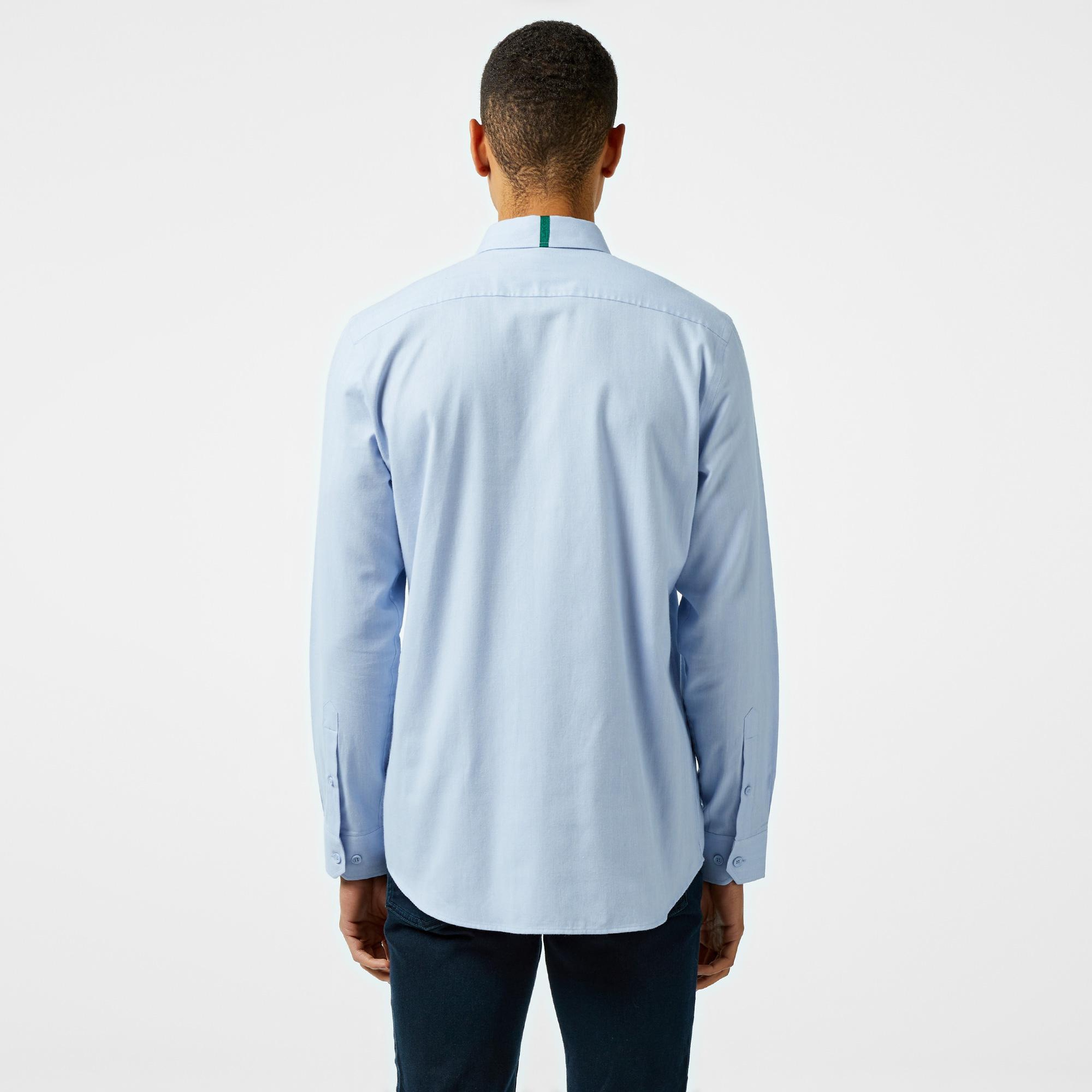 Erkek Slim Fit Düğmeli Yaka Mavi Gömlek