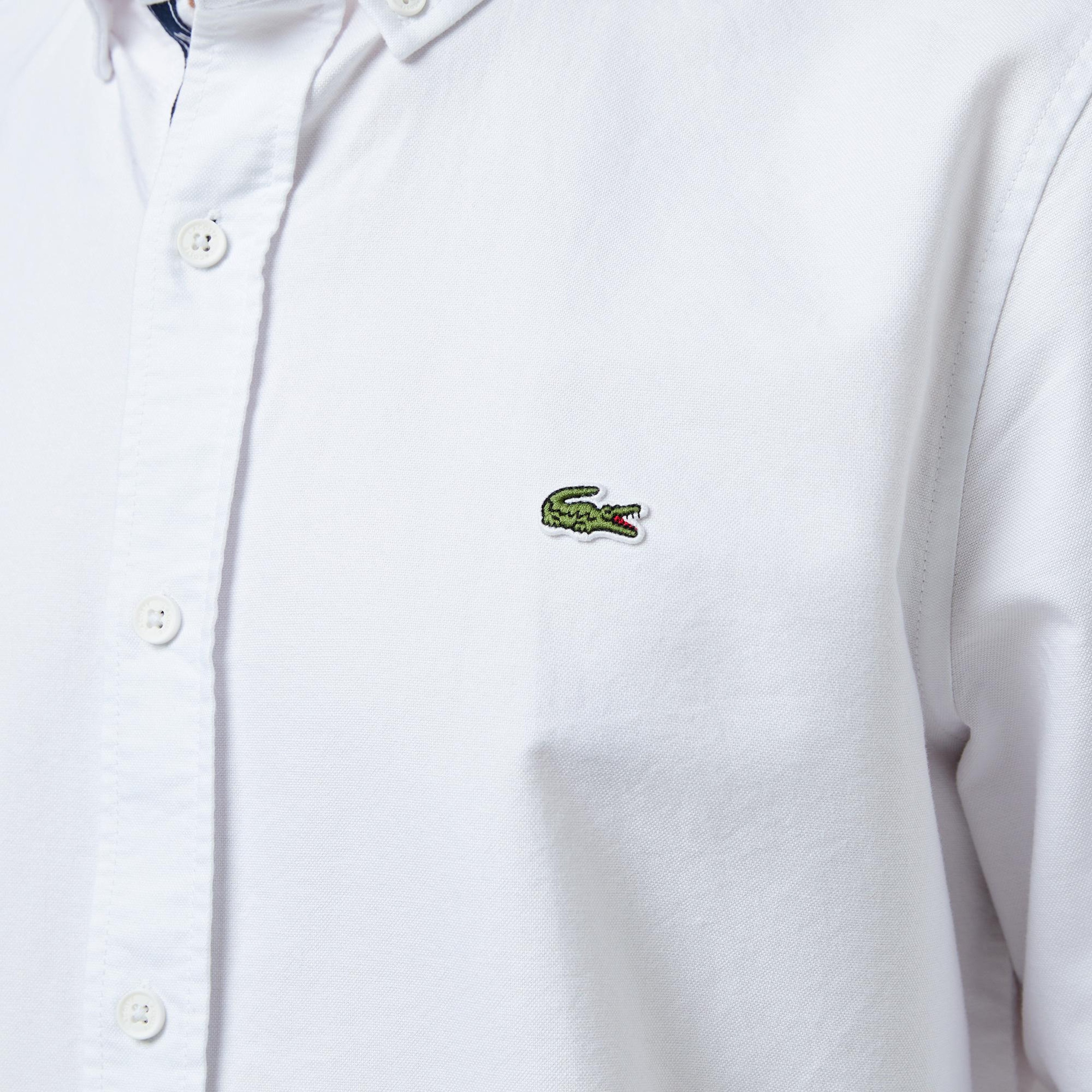 Erkek Slim Fit Düğmeli Yaka Beyaz Gömlek
