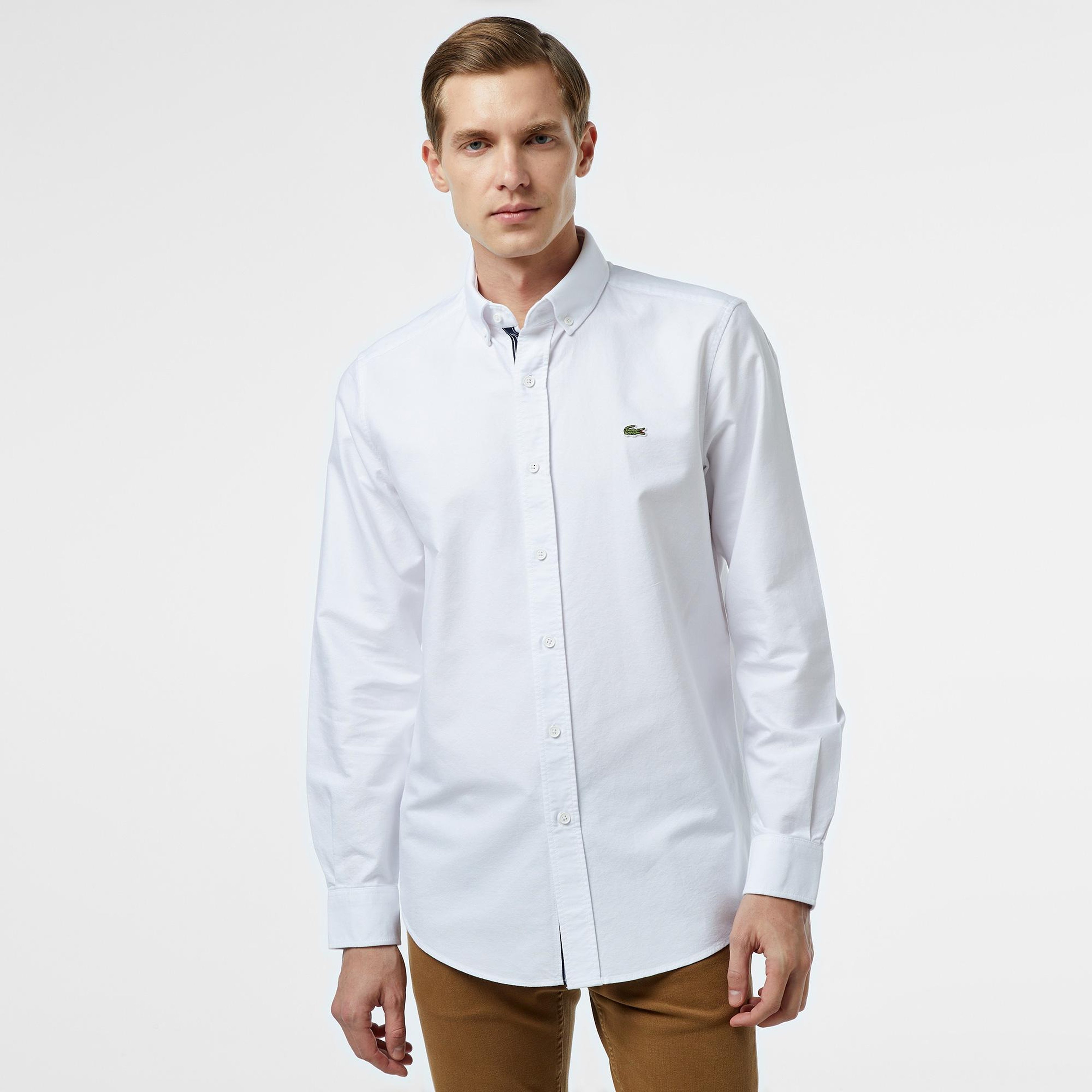 Erkek Slim Fit Düğmeli Yaka Beyaz Gömlek