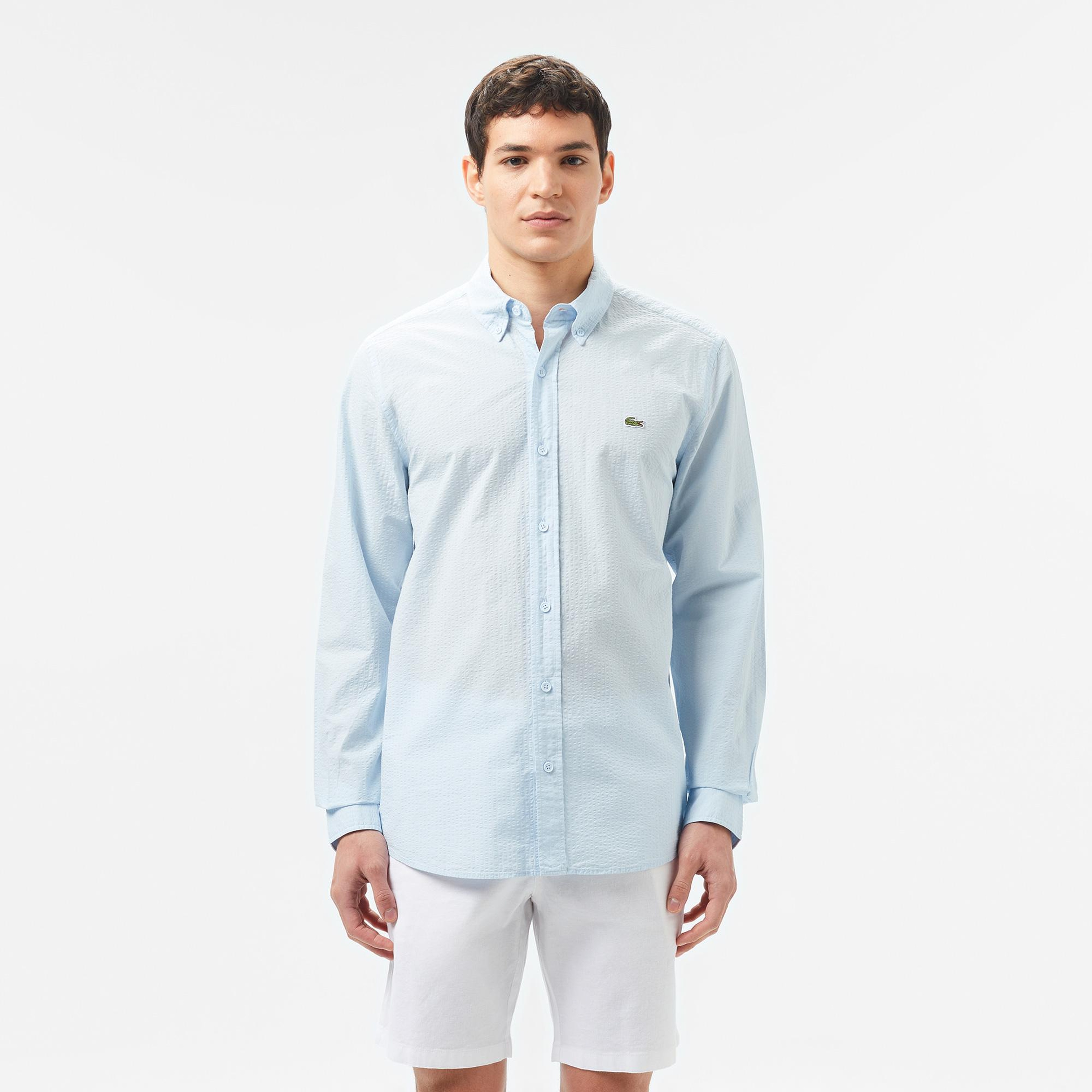 Erkek Slim Fit Düğmeli Yaka Açık Mavi Gömlek