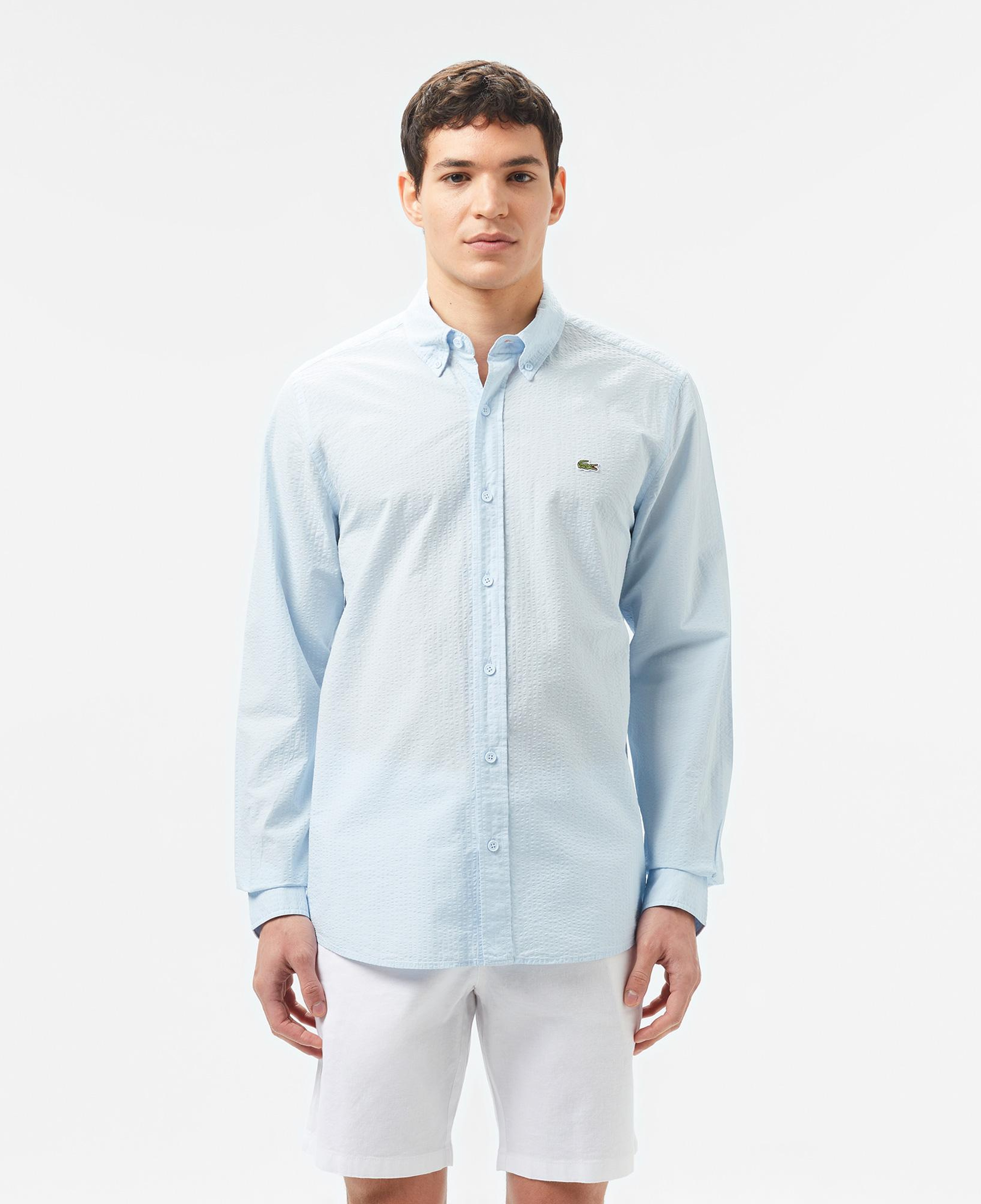 Erkek Slim Fit Düğmeli Yaka Açık Mavi Gömlek