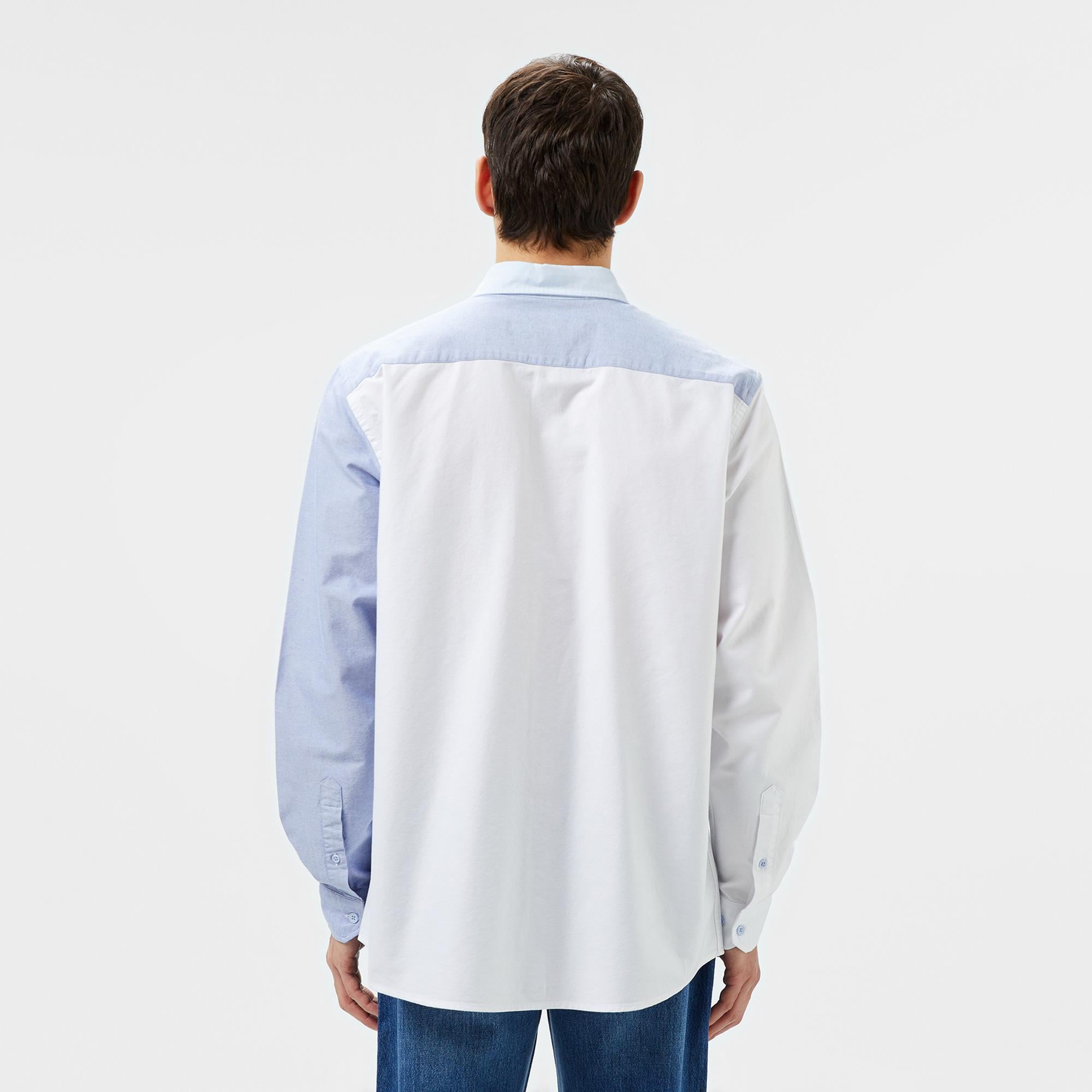 Erkek Slim Fit Renk Bloklu Açık Mavi Gömlek