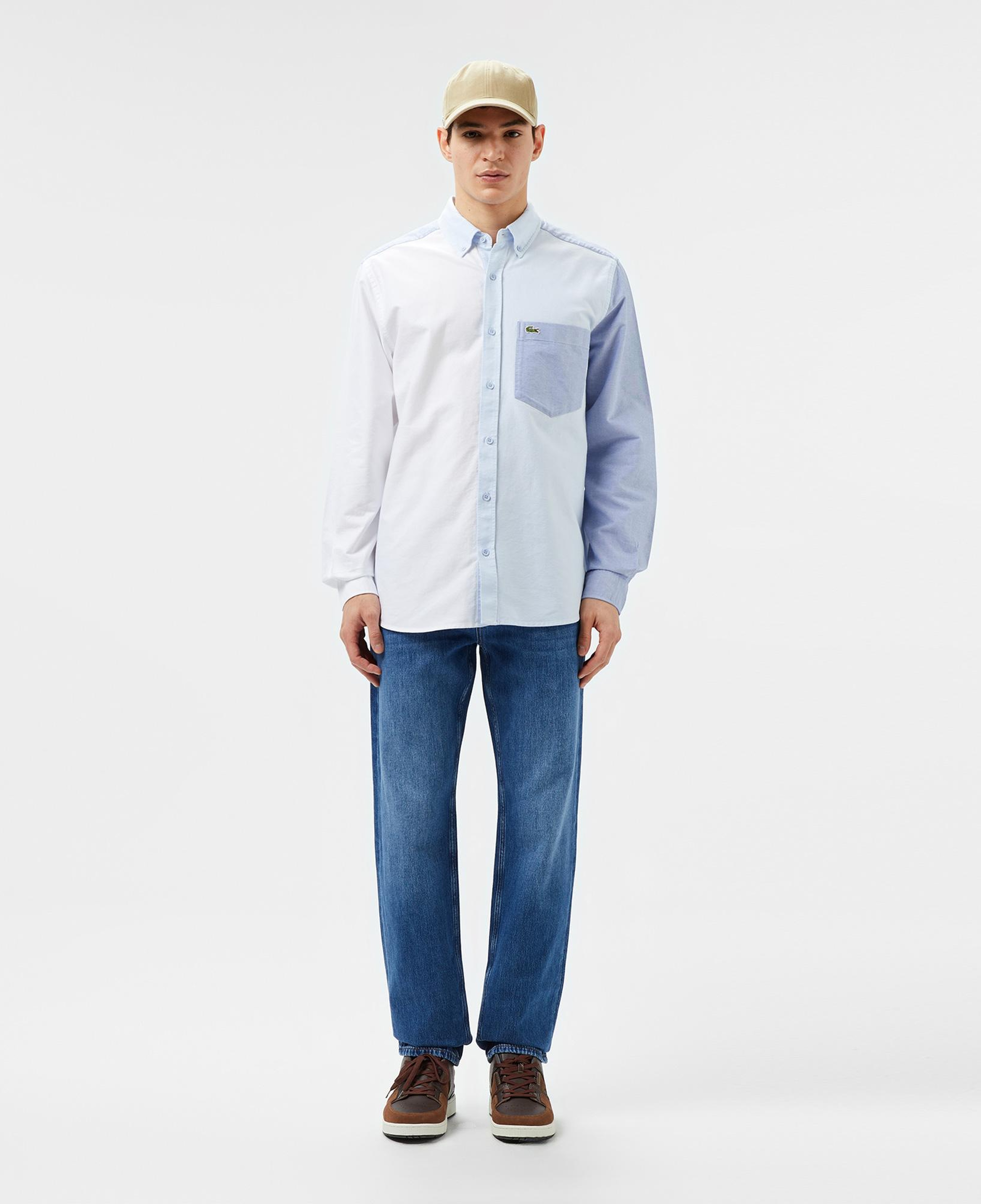 Erkek Slim Fit Renk Bloklu Açık Mavi Gömlek