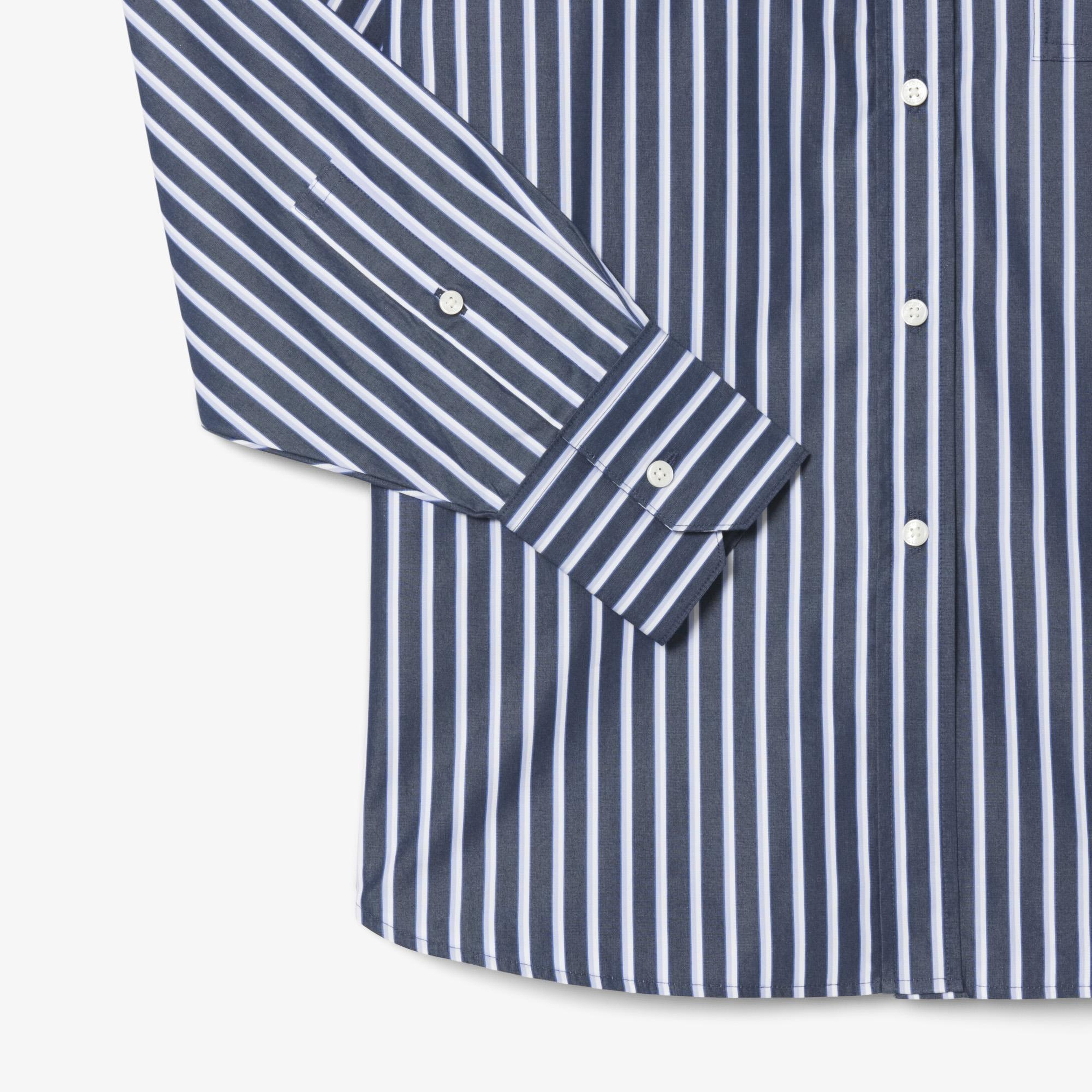 Kadın Oversize Fit Düğmesiz Yaka Çizgili Lacivert Gömlek
