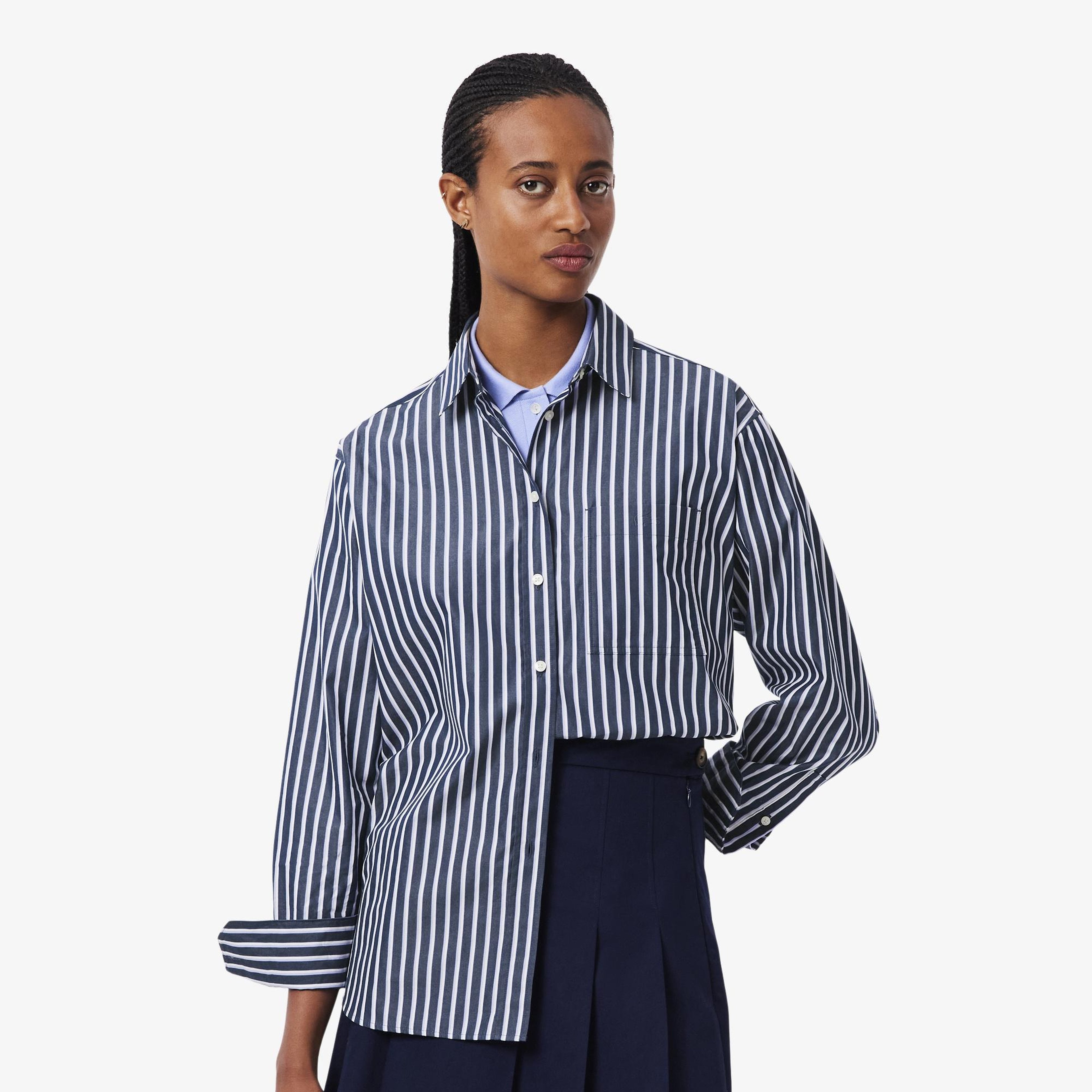 Kadın Oversize Fit Düğmesiz Yaka Çizgili Lacivert Gömlek