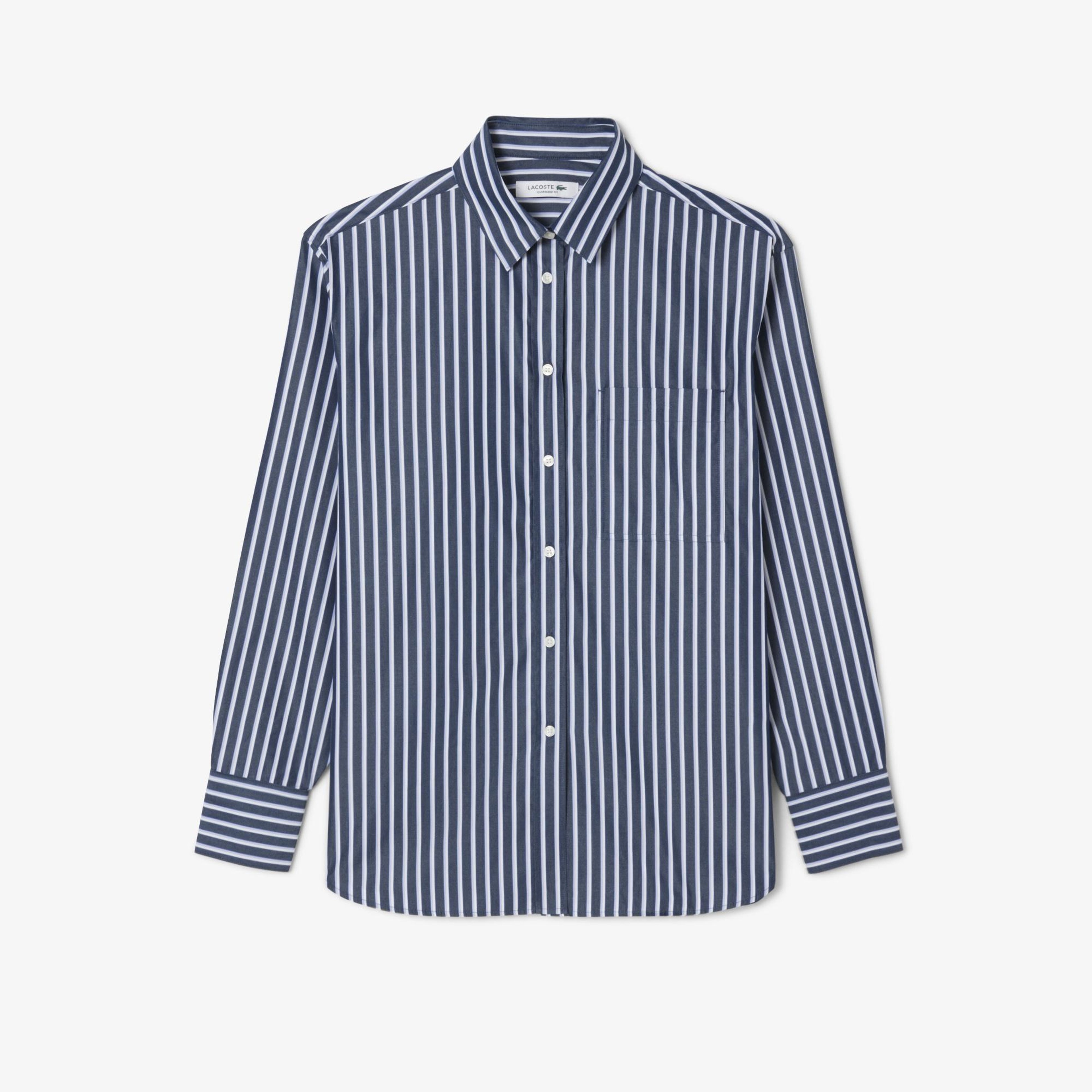 Kadın Oversize Fit Düğmesiz Yaka Çizgili Lacivert Gömlek