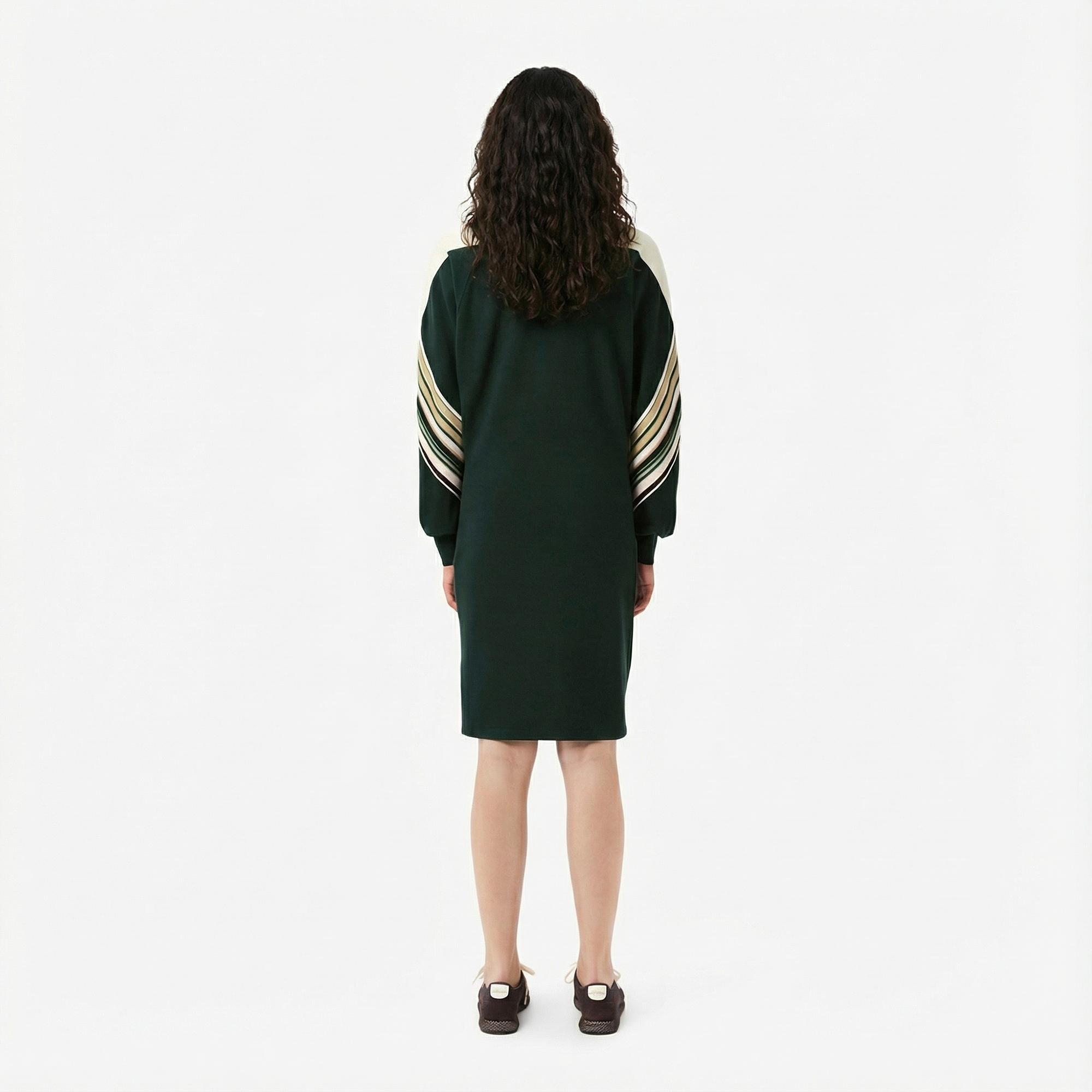 Lacoste Kadın Slim Fit Uzun Kollu Polo Yaka Renk Bloklu Koyu Yeşil Elbise