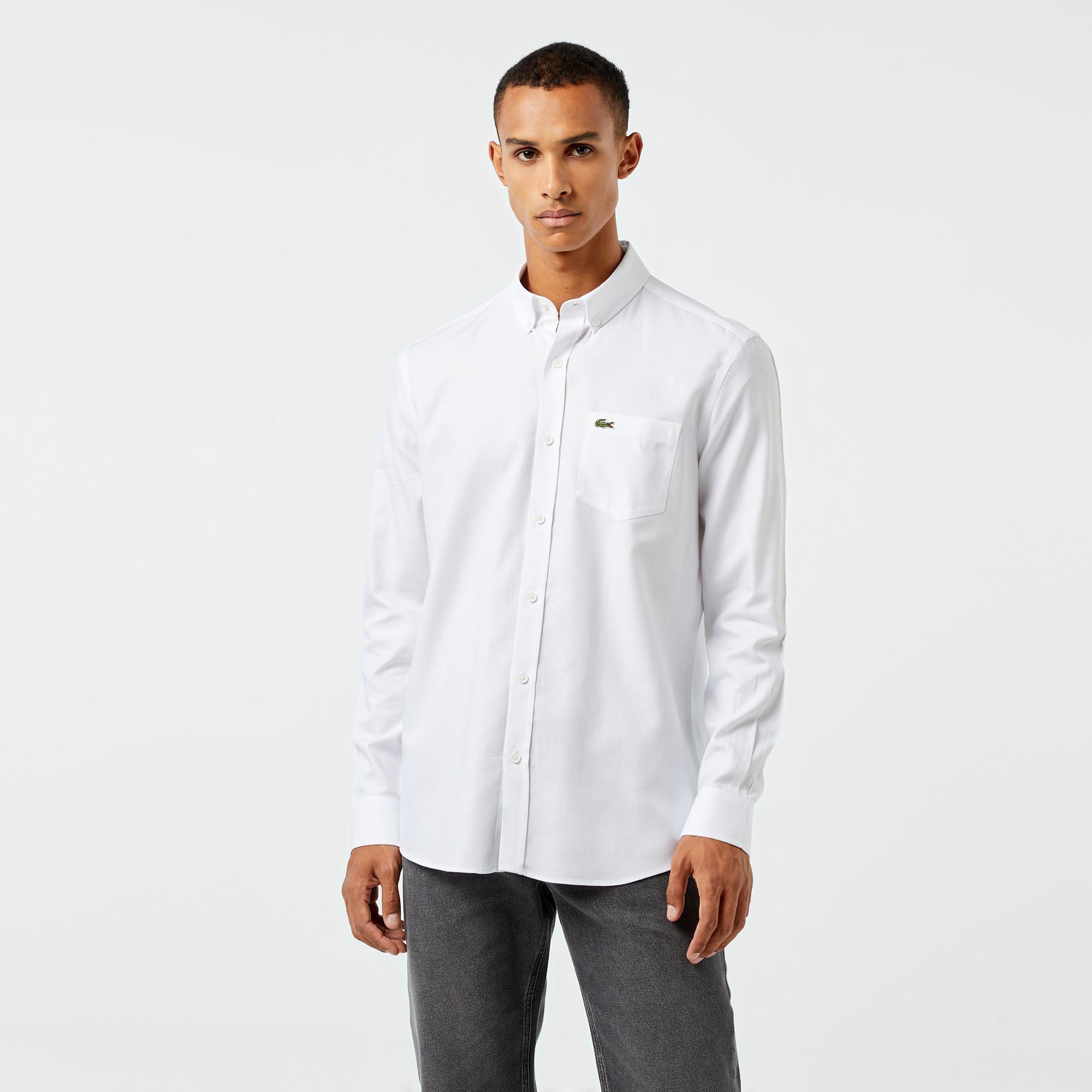 Erkek Slim Fit Düğmeli Yaka Beyaz Gömlek