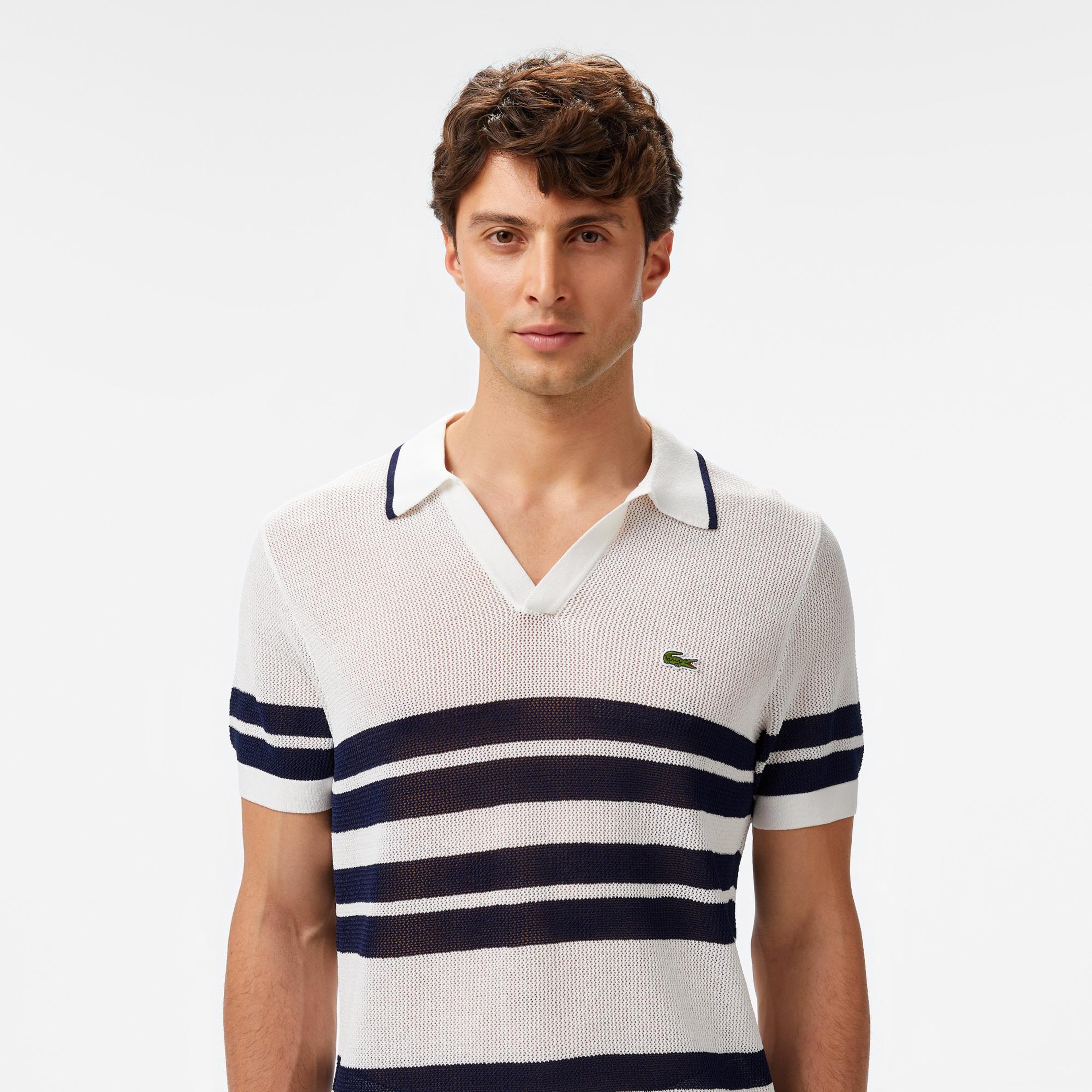 Erkek Classic Fit Kısa Kollu Polo Yaka Çizgili Beyaz Triko