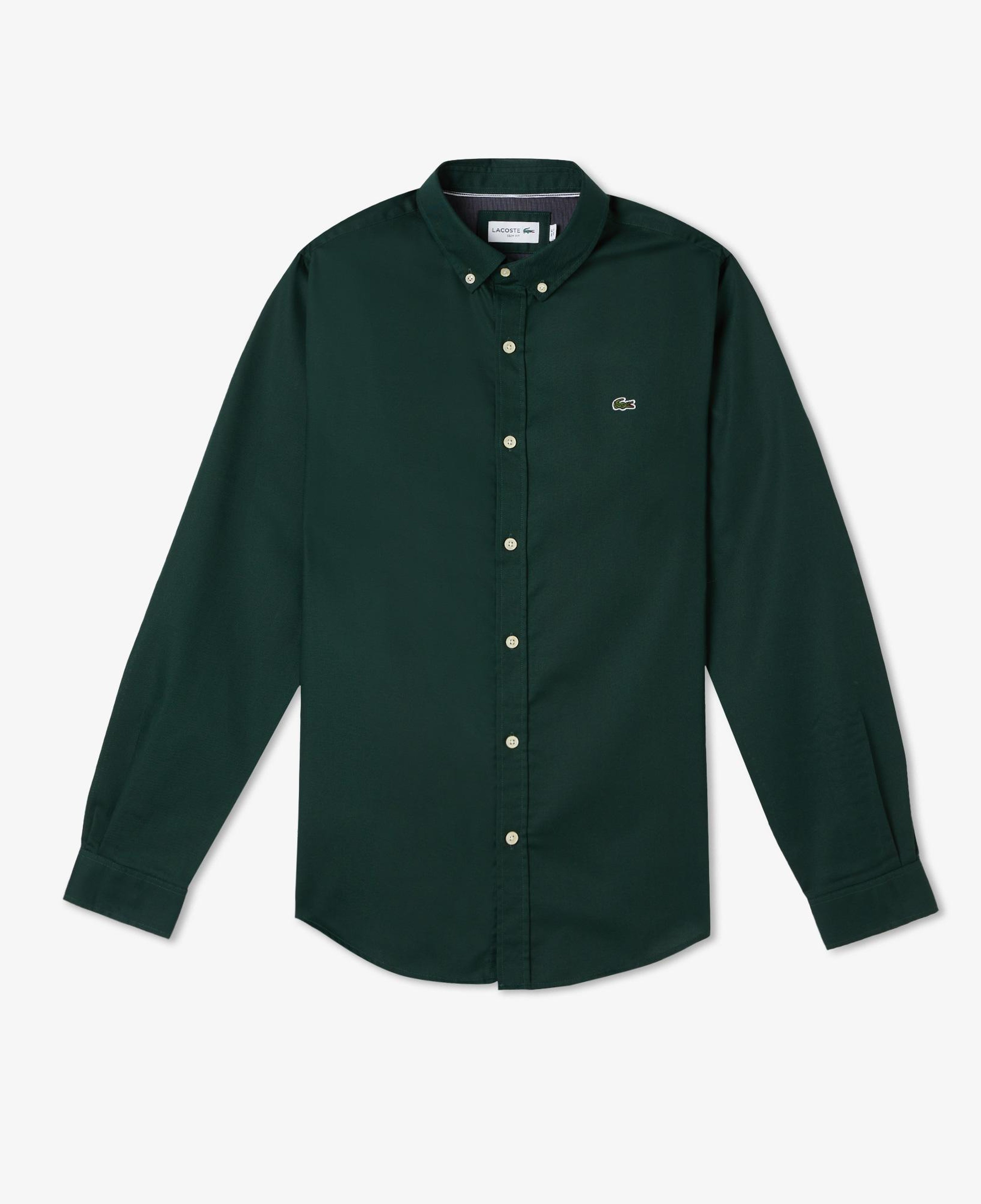 Erkek Slim Fit Düğmeli Yaka Koyu Yeşil Gömlek