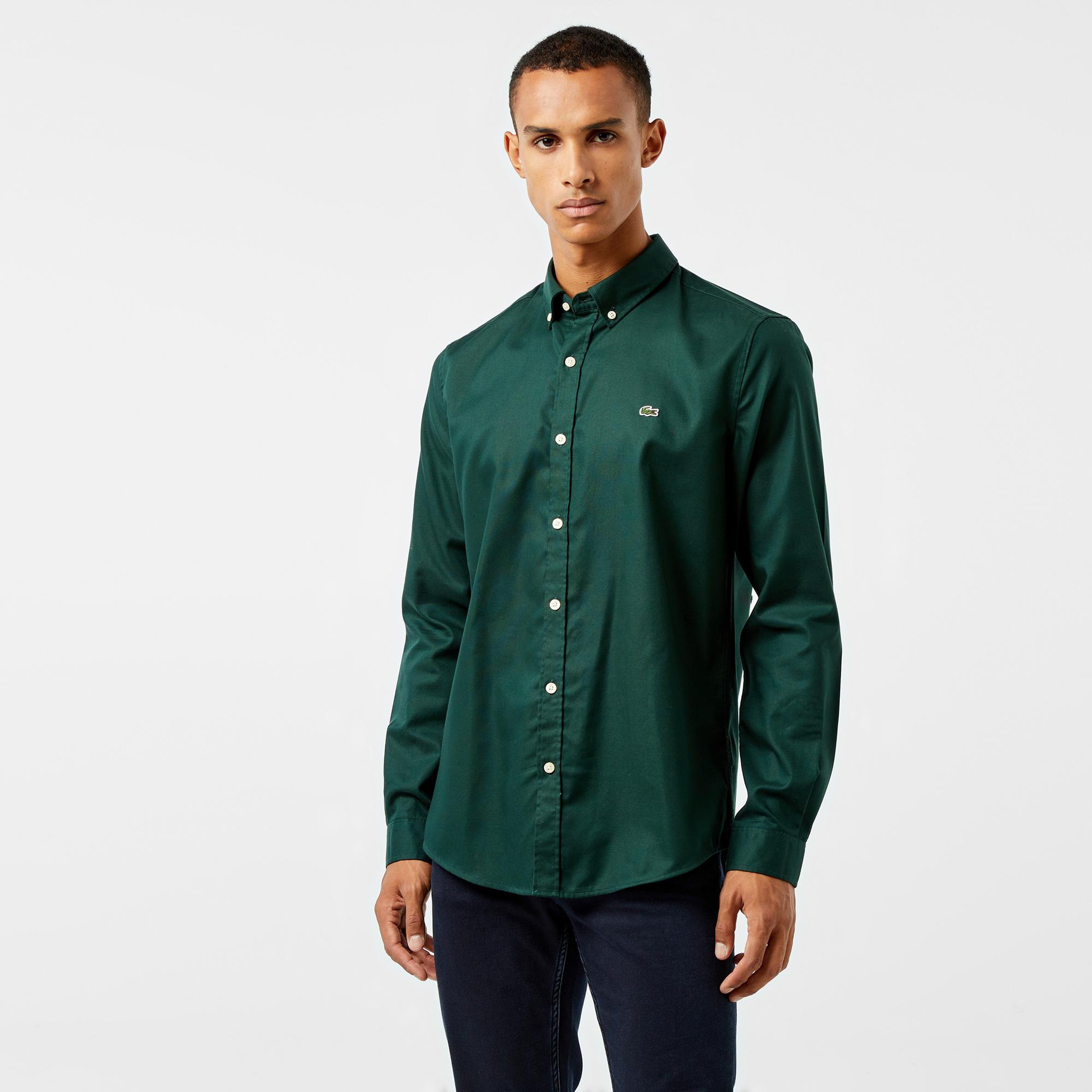 Erkek Slim Fit Düğmeli Yaka Koyu Yeşil Gömlek