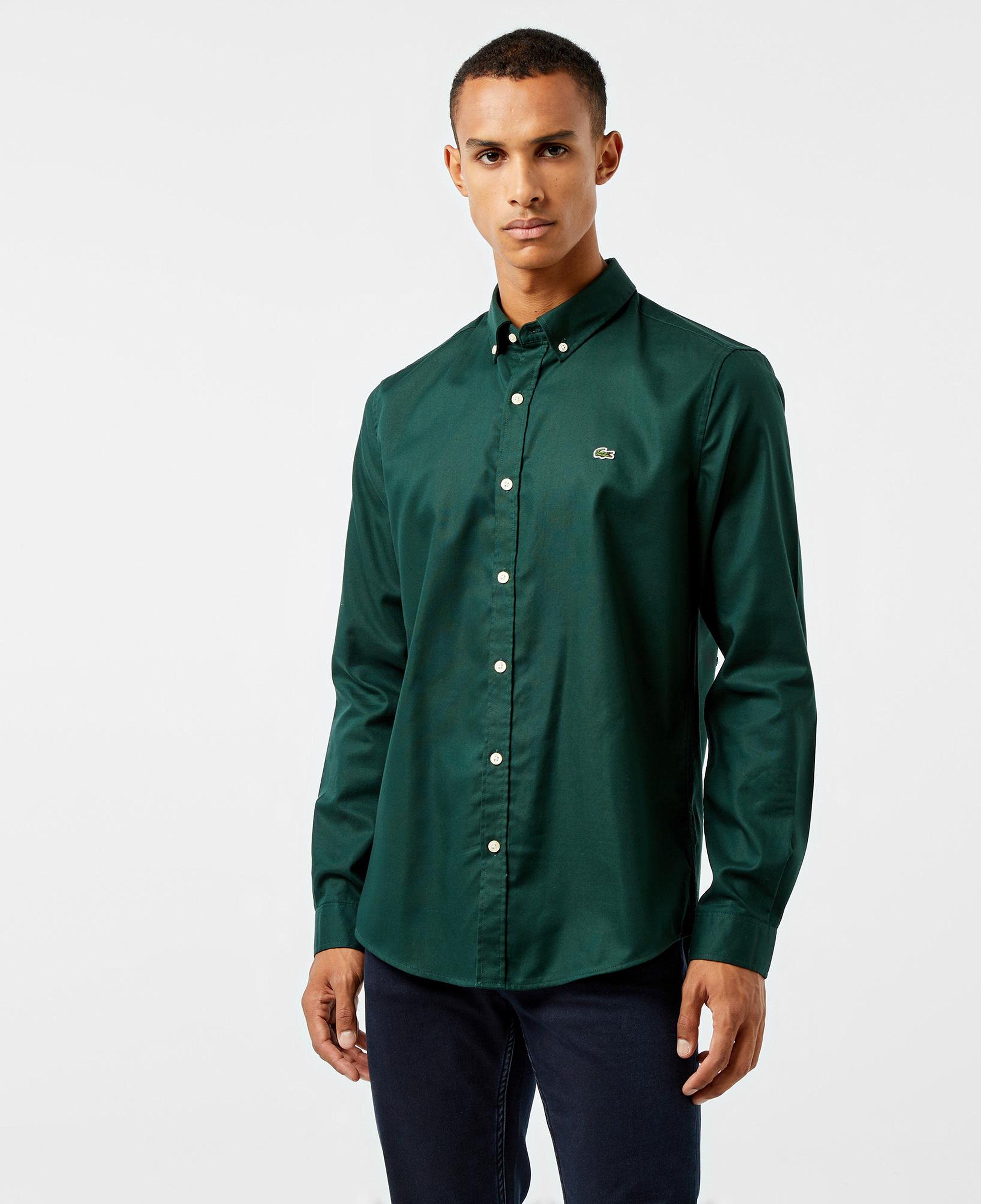 Erkek Slim Fit Düğmeli Yaka Koyu Yeşil Gömlek