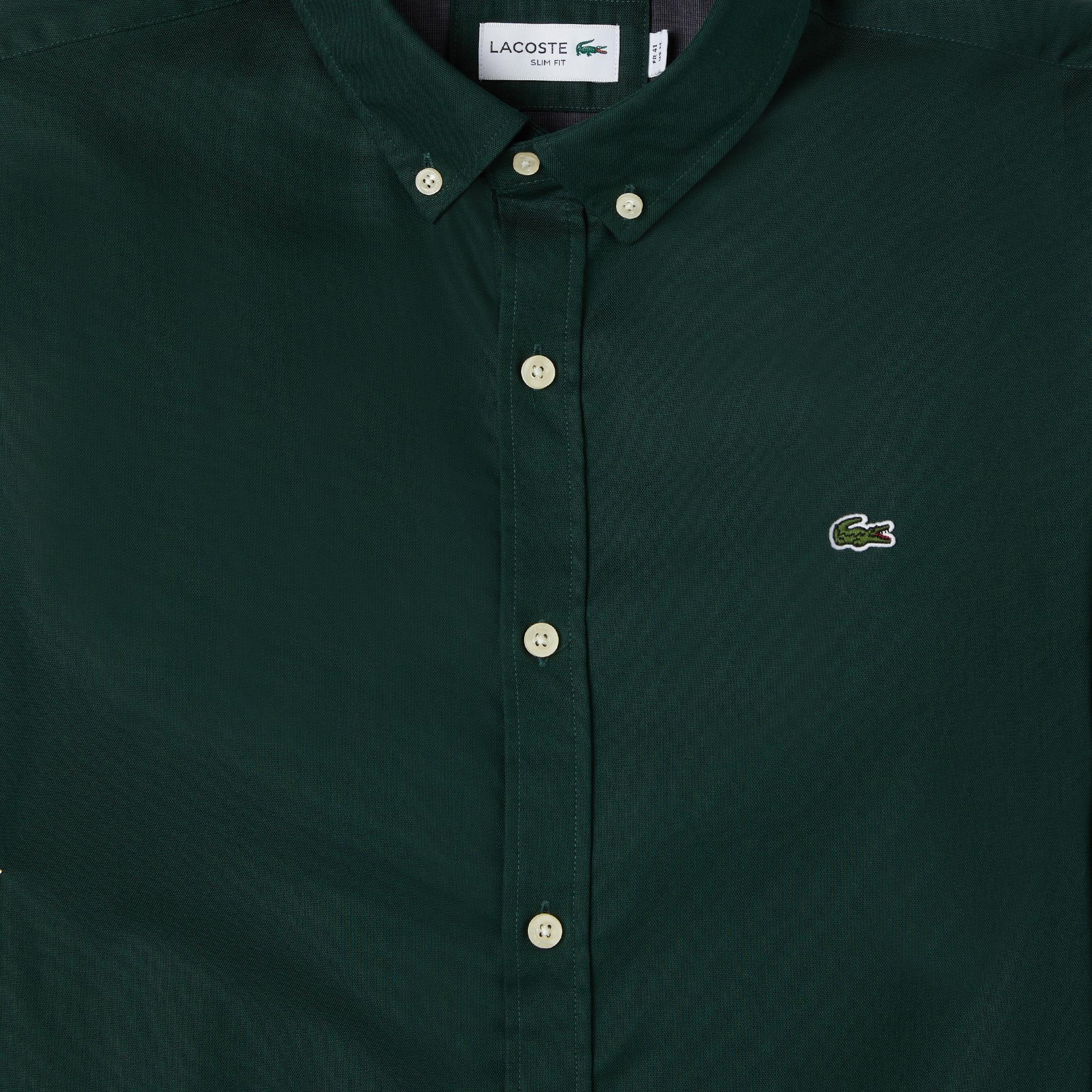 Erkek Slim Fit Düğmeli Yaka Koyu Yeşil Gömlek