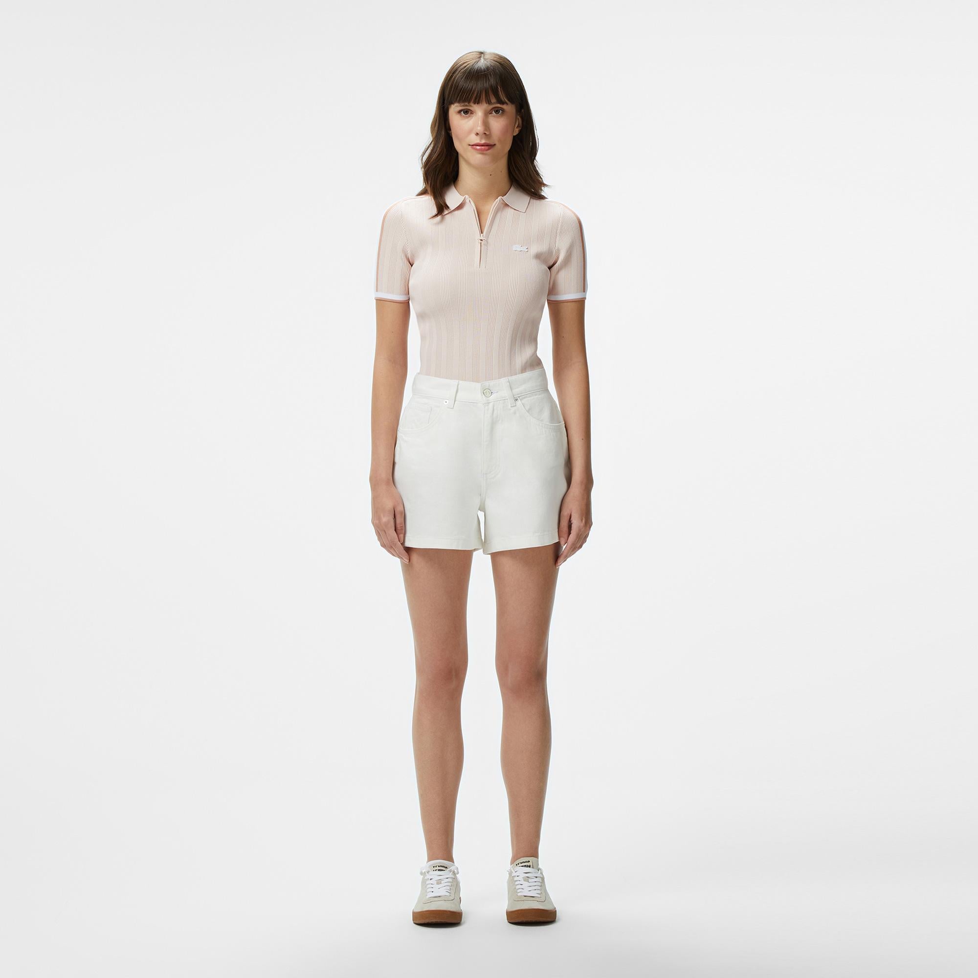 Lacoste Kadın Slim Fit Kısa Kollu Yarım Fermuarlı Krem Triko