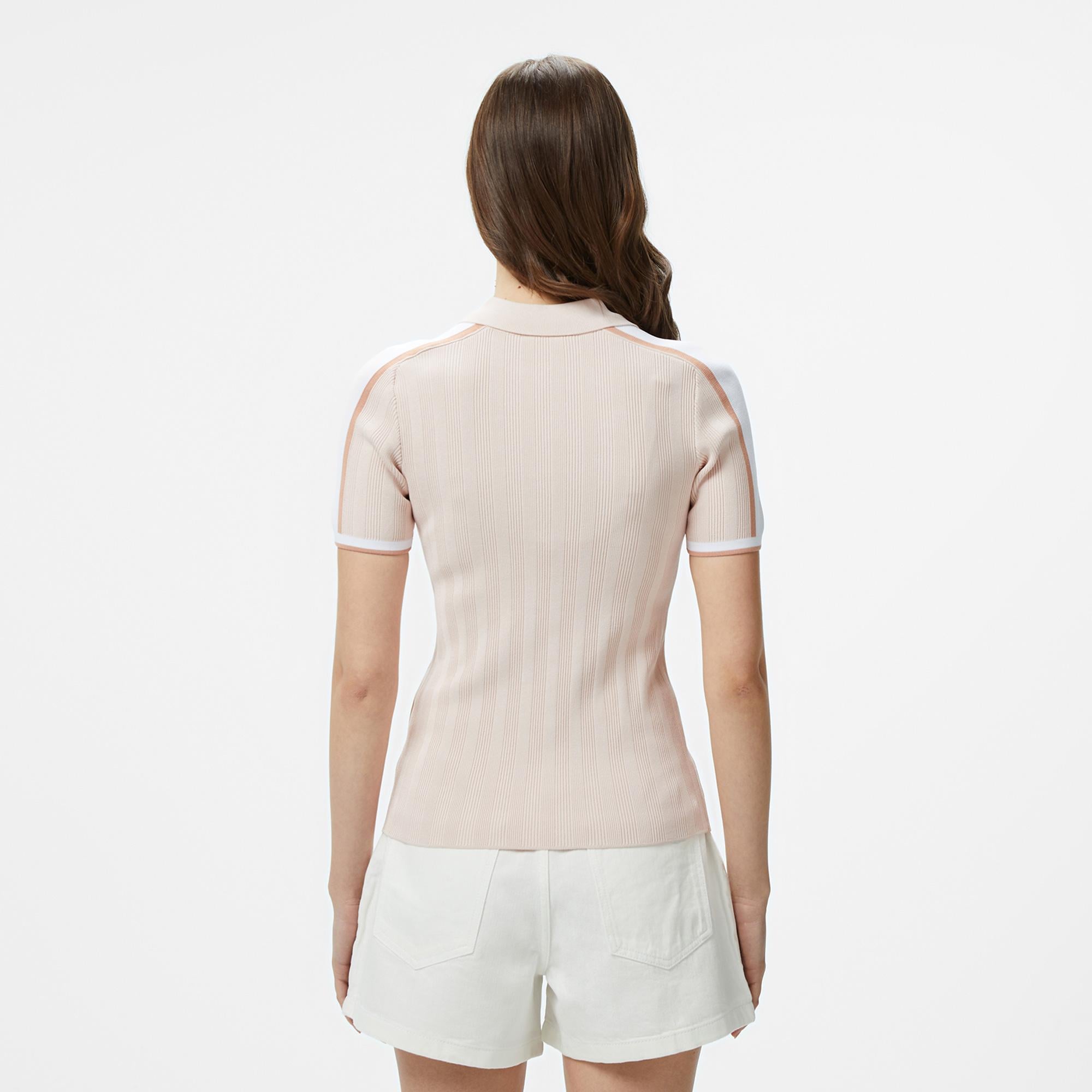 Lacoste Kadın Slim Fit Kısa Kollu Yarım Fermuarlı Krem Triko