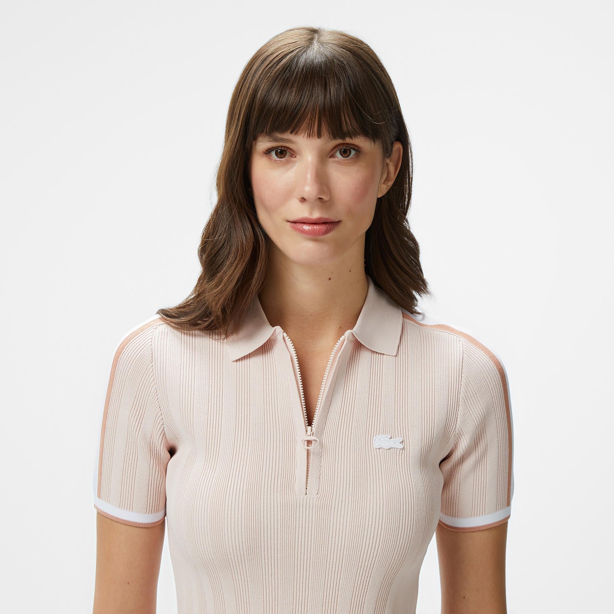 Lacoste Kadın Slim Fit Kısa Kollu Yarım Fermuarlı Krem Triko