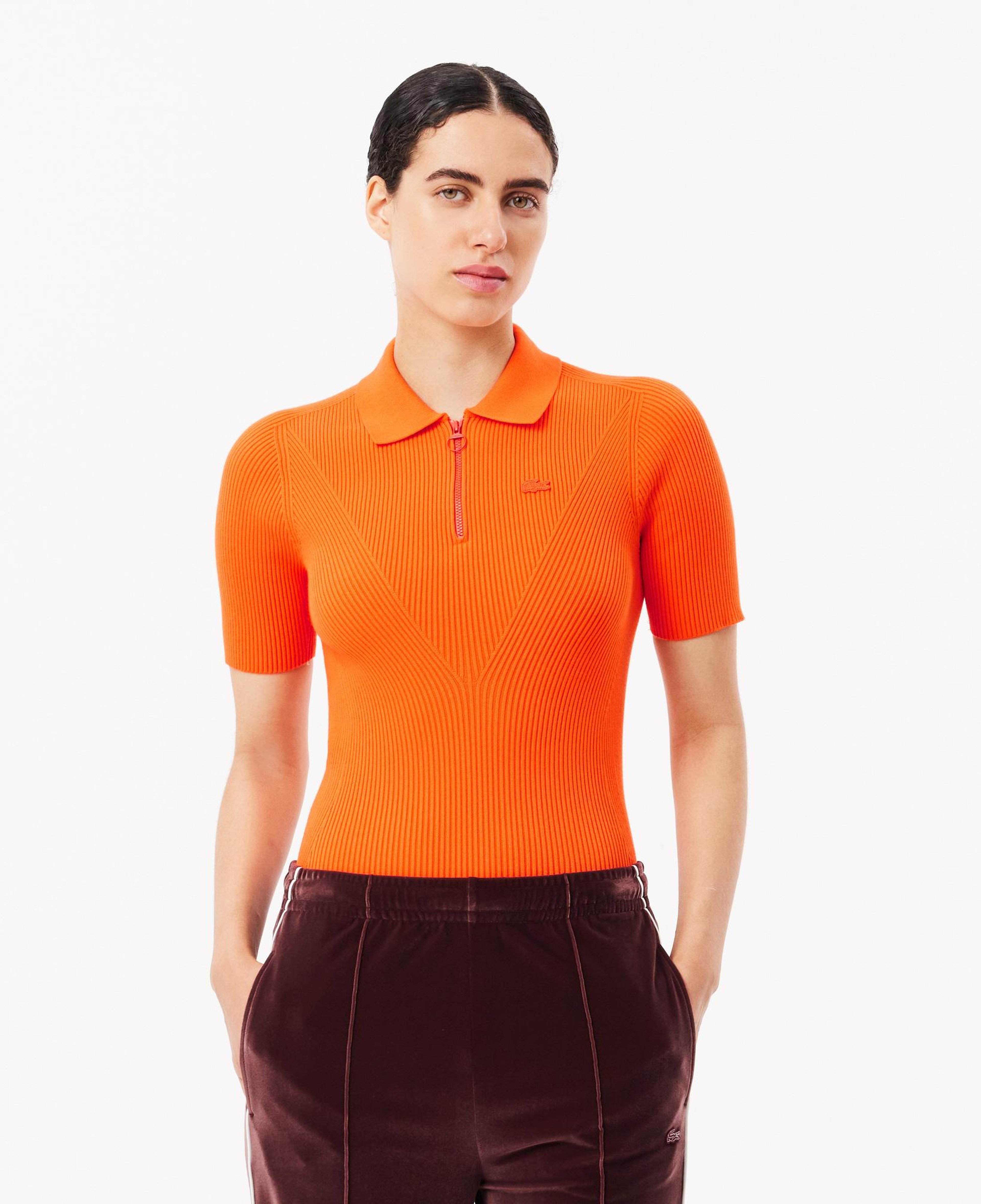 Kadın Slim Fit Polo Yaka Turuncu Triko