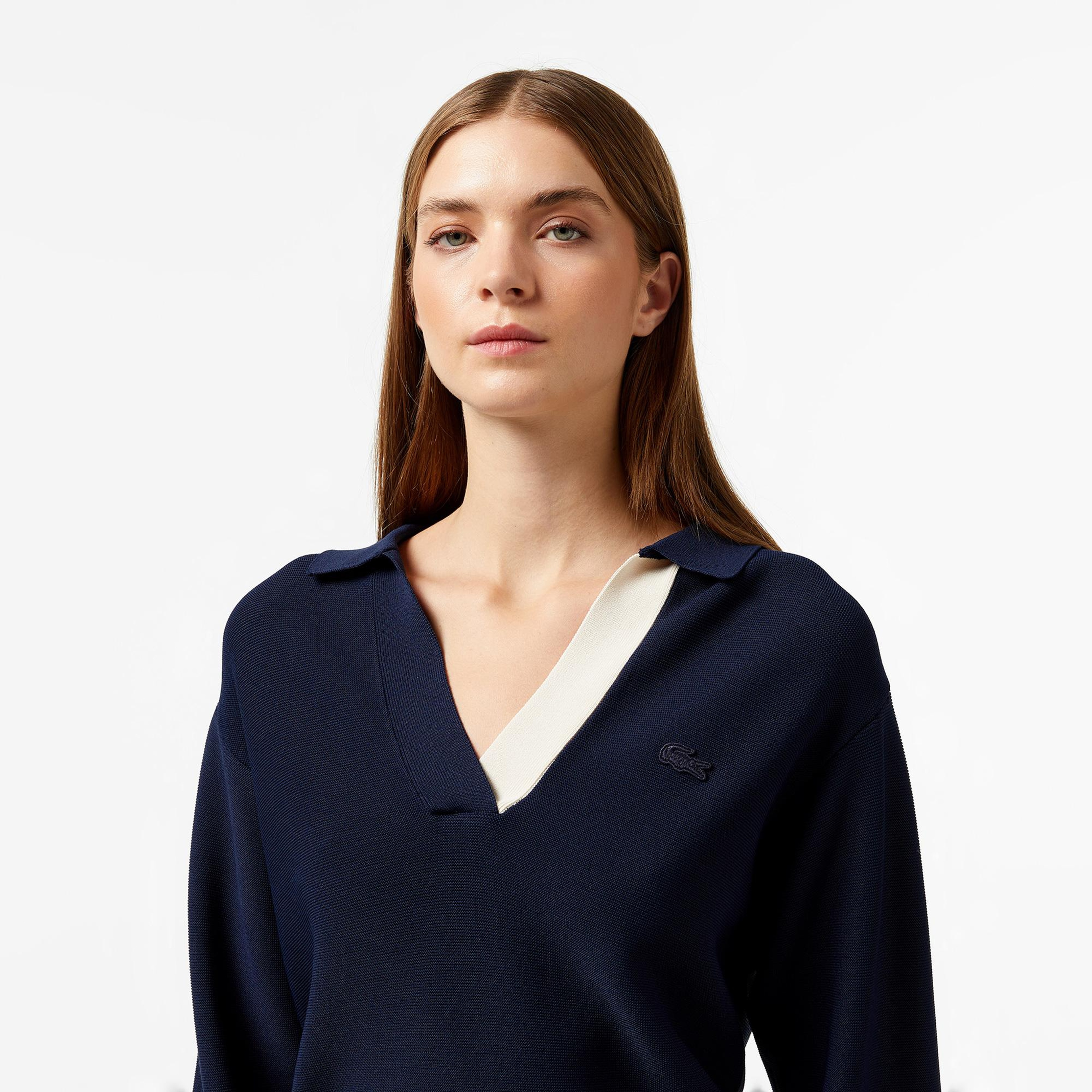 Kadın Regular Fit Polo Yaka Renk Bloklu Lacivert Triko
