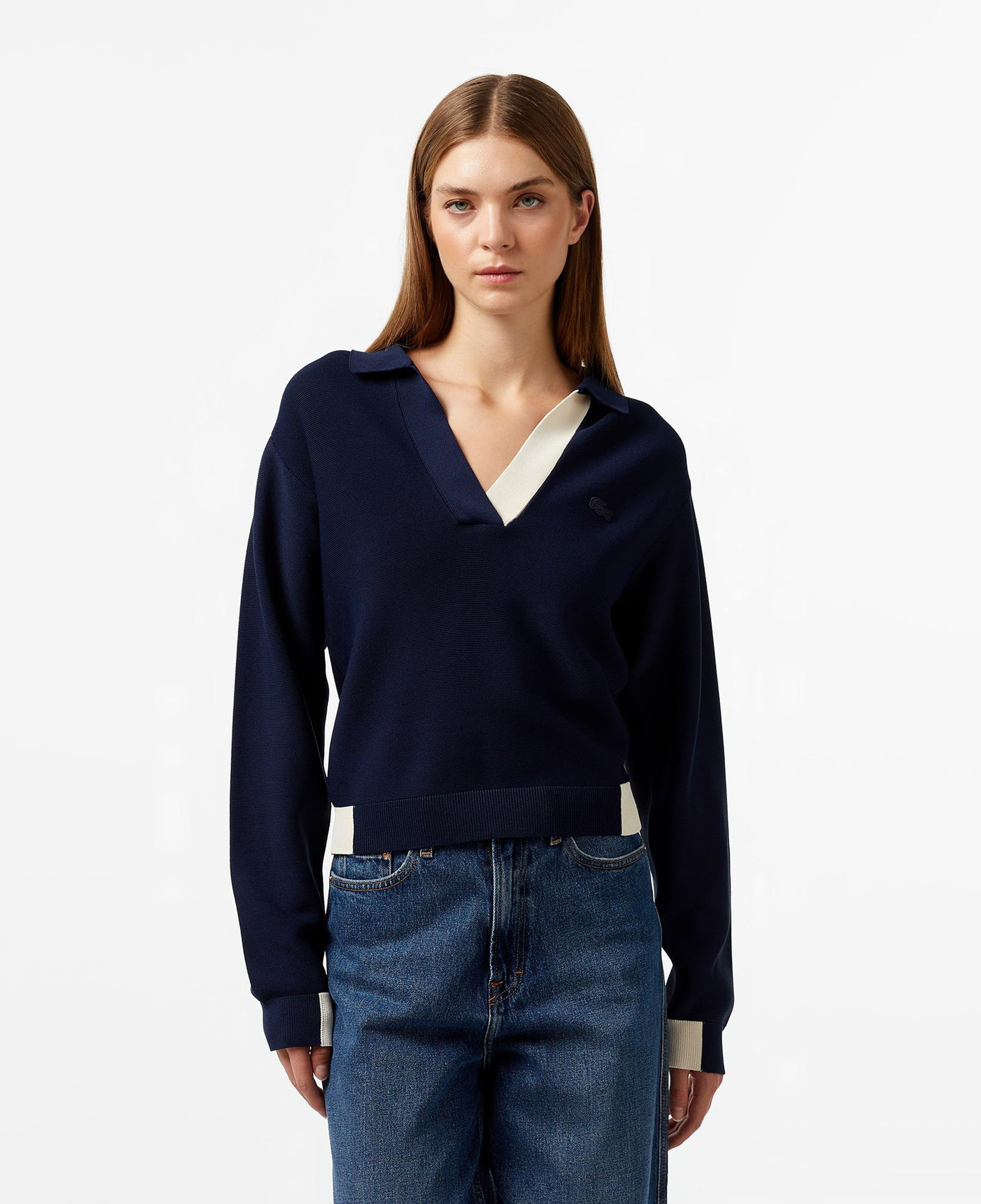 Kadın Regular Fit Polo Yaka Renk Bloklu Lacivert Triko