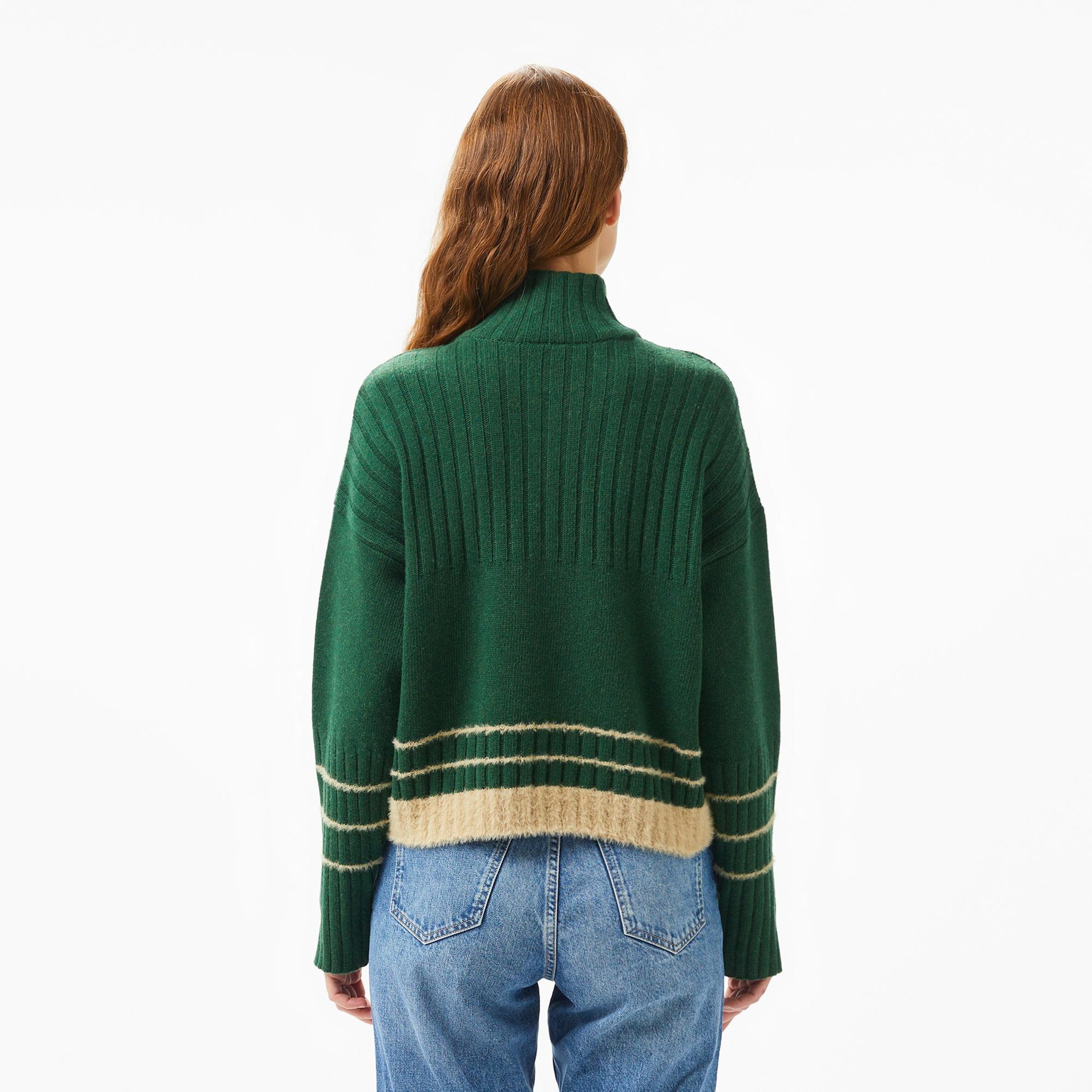 Lacoste Kadın Regular Fit Yarım Fermuarlı Renk Bloklu Yeşil Yün Karışımlı Kazak