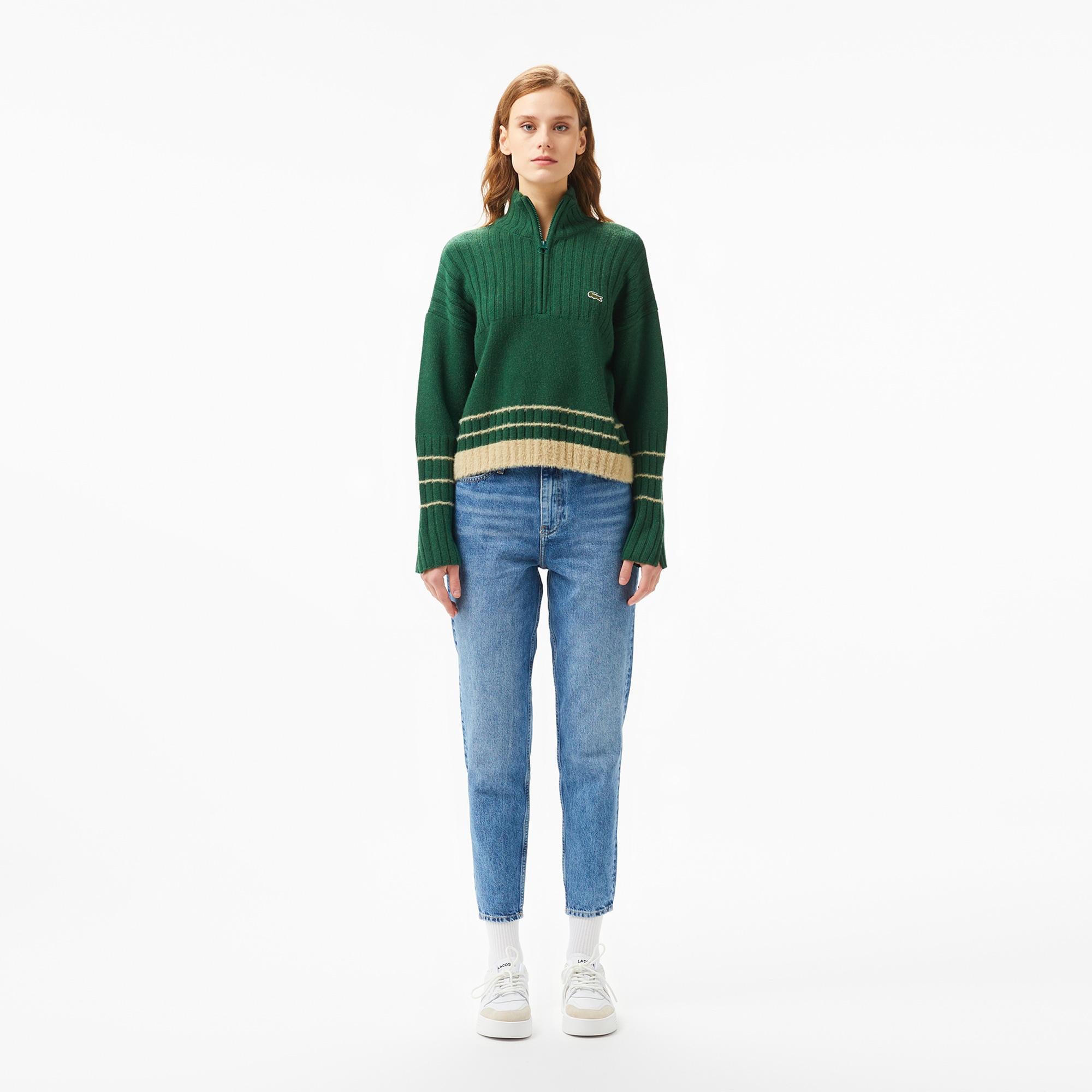 Lacoste Kadın Regular Fit Yarım Fermuarlı Renk Bloklu Yeşil Yün Karışımlı Kazak