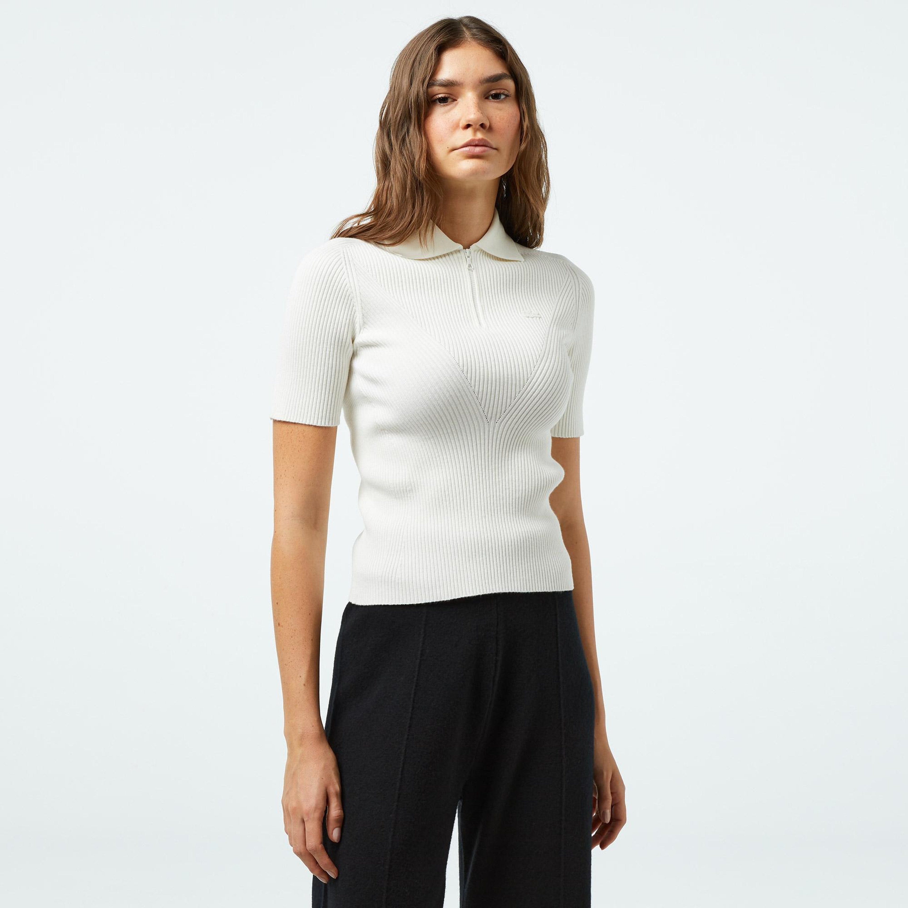 Kadın Slim Fit Polo Yaka Beyaz Triko