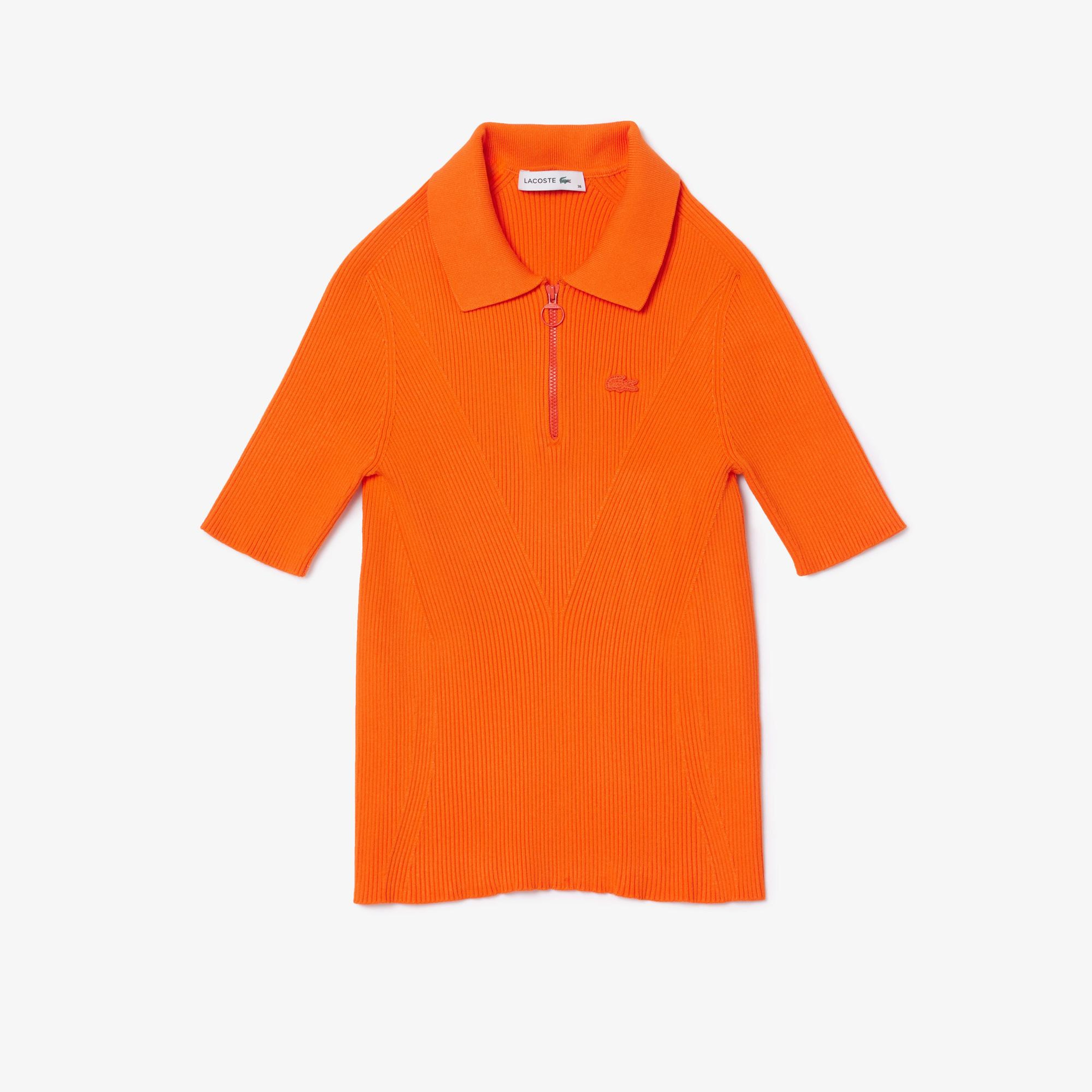 Kadın Slim Fit Polo Yaka Turuncu Triko
