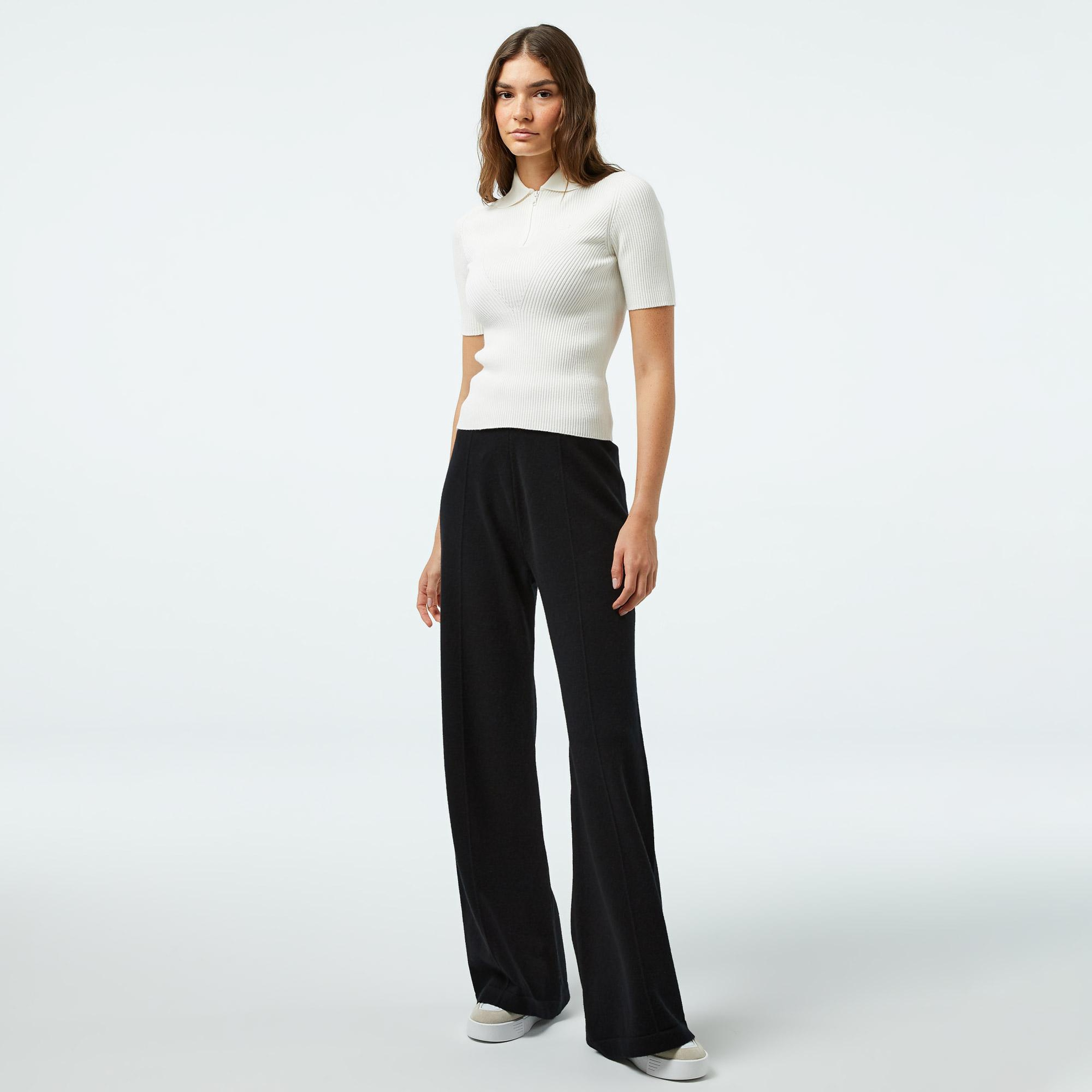 Kadın Slim Fit Polo Yaka Beyaz Triko