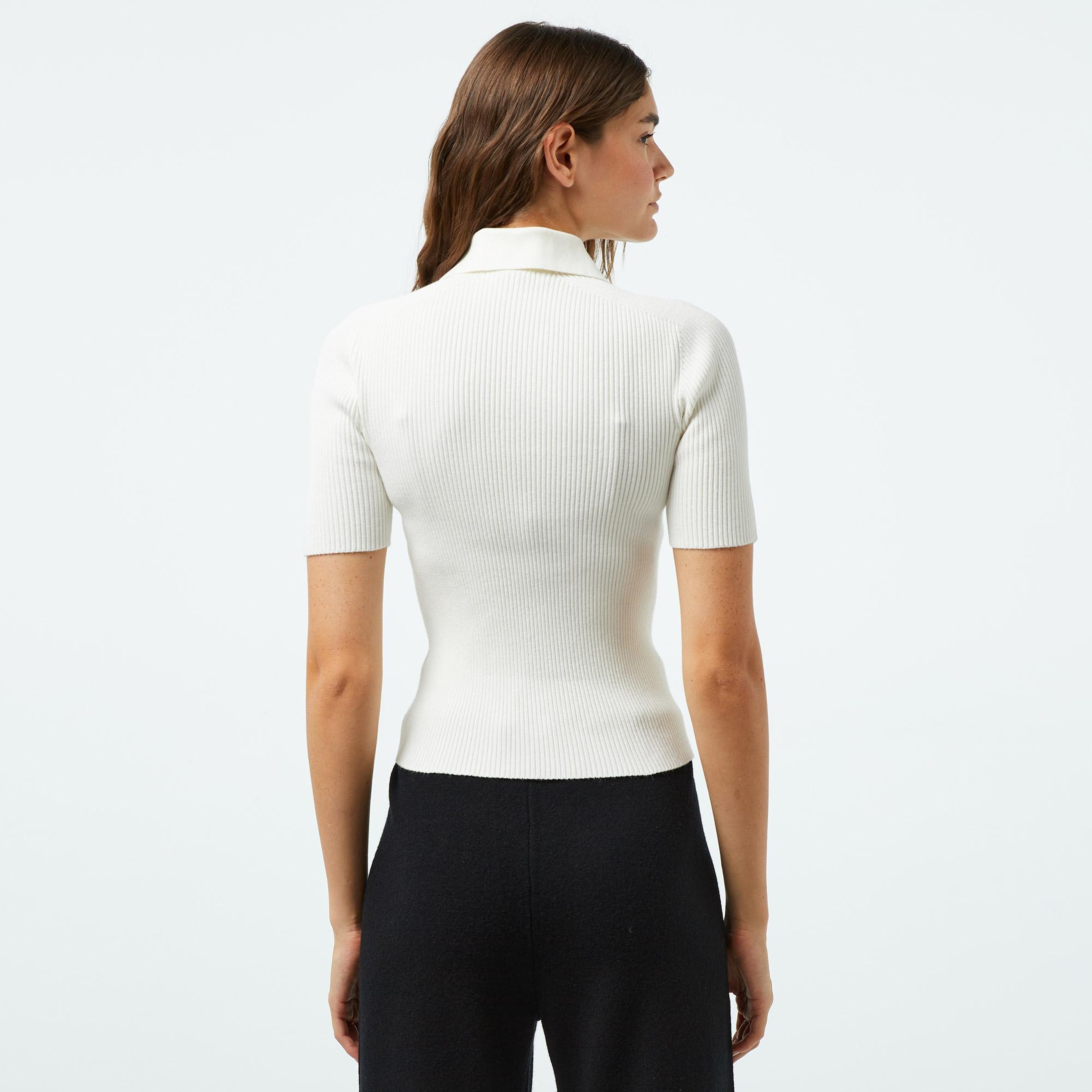 Kadın Slim Fit Polo Yaka Beyaz Triko