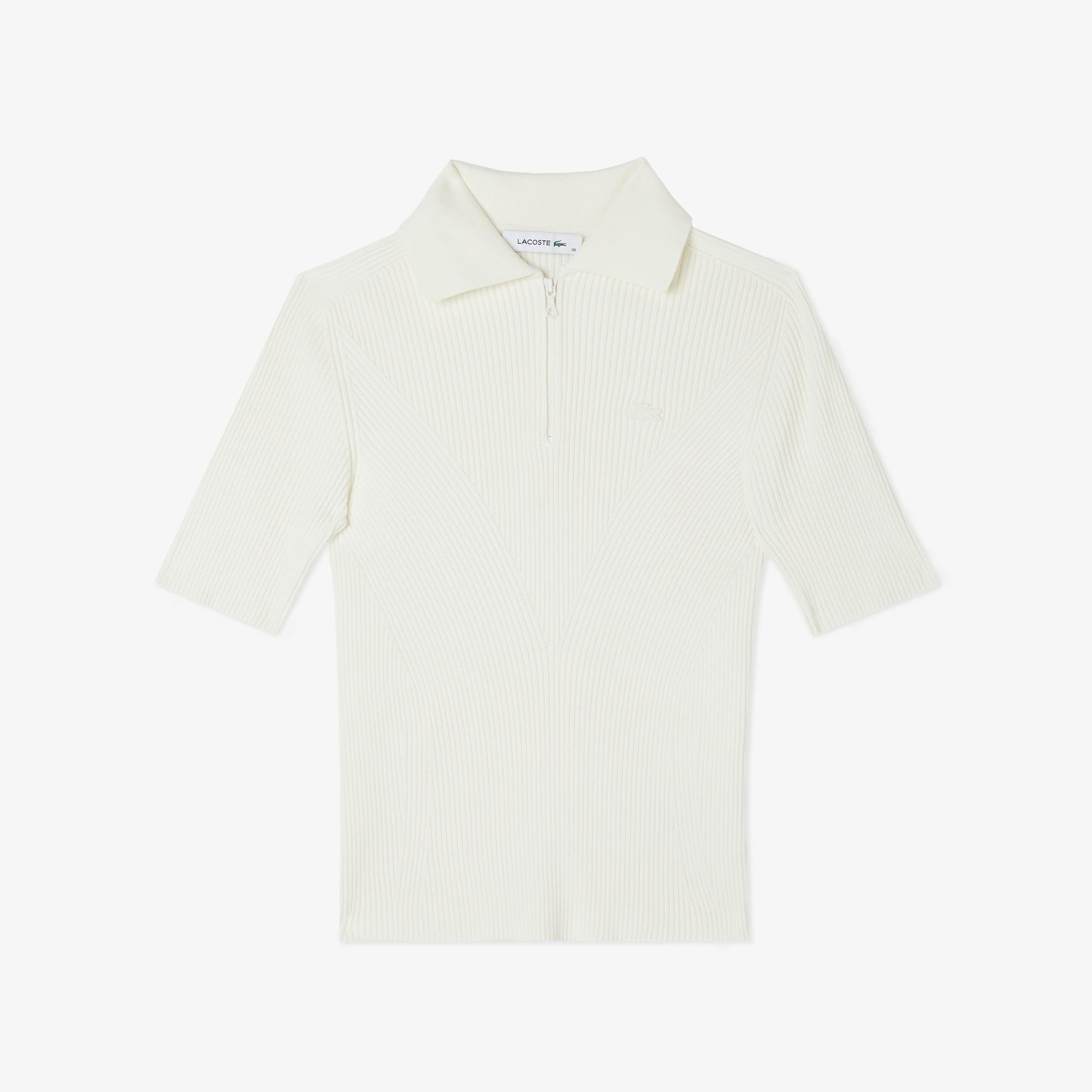 Kadın Slim Fit Polo Yaka Beyaz Triko
