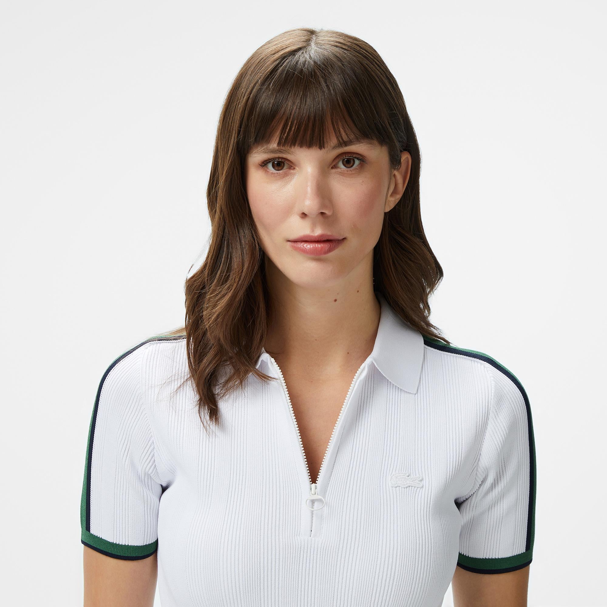 Kadın Slim Fit Kısa Kollu Yarım Fermuarlı Beyaz Polo