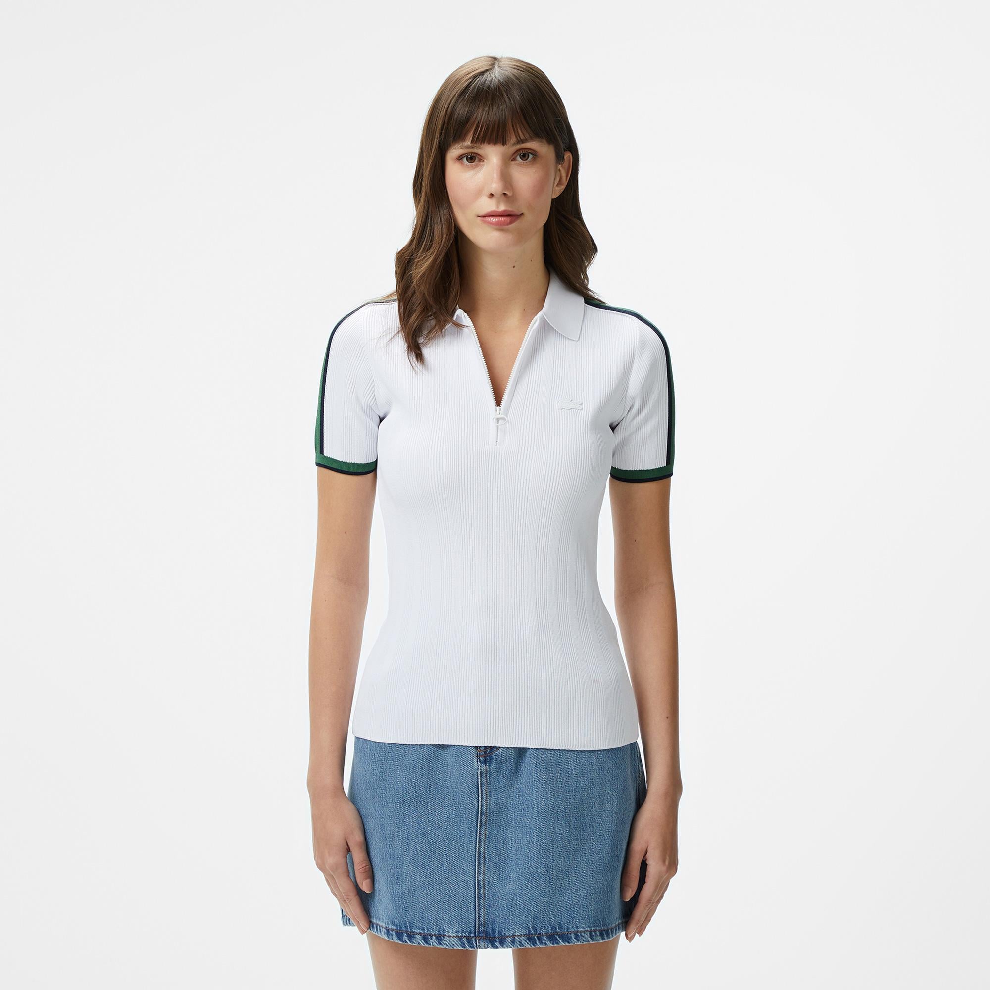 Kadın Slim Fit Kısa Kollu Yarım Fermuarlı Beyaz Polo
