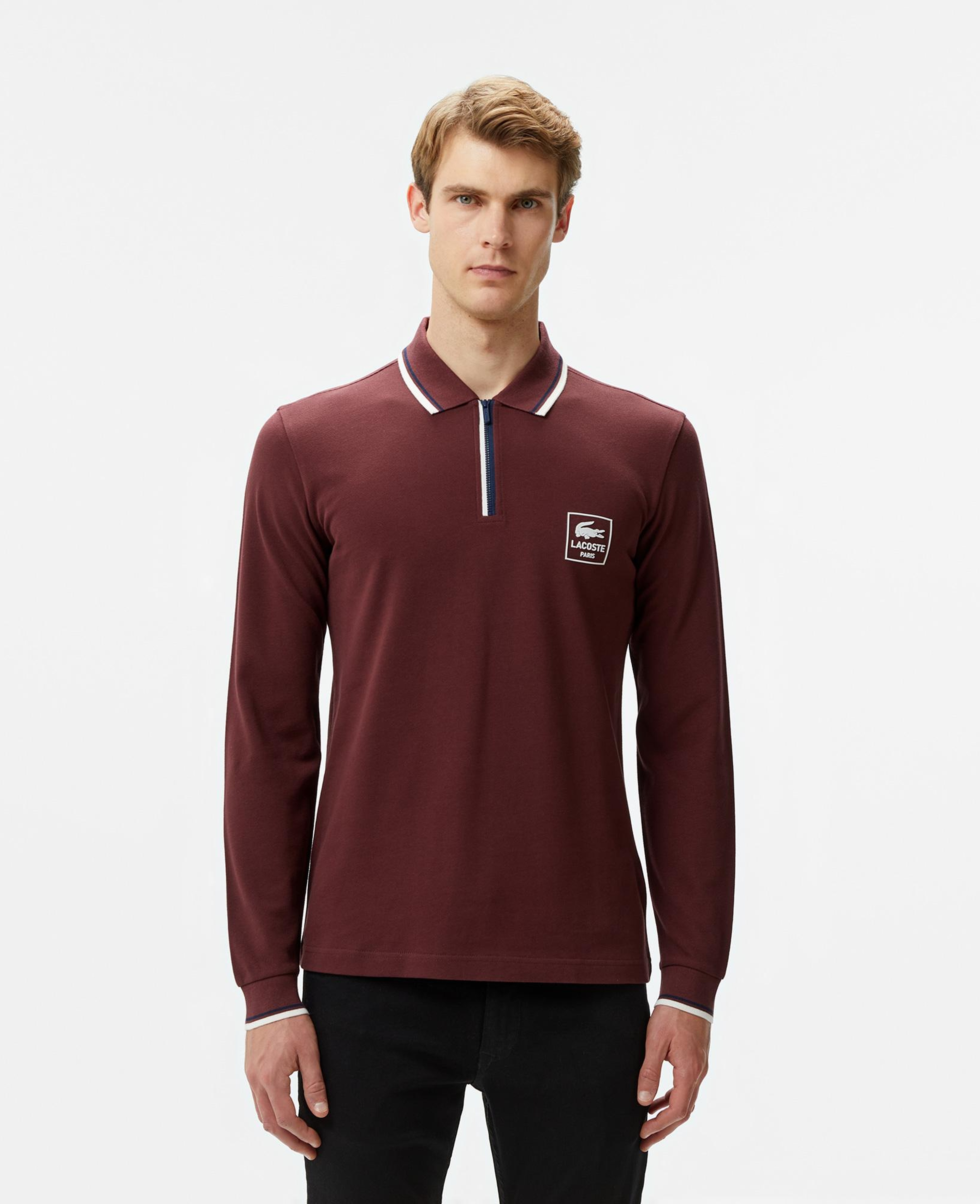 Erkek Regular Fit Uzun Kollu Yarım Fermuarlı Bordo Polo