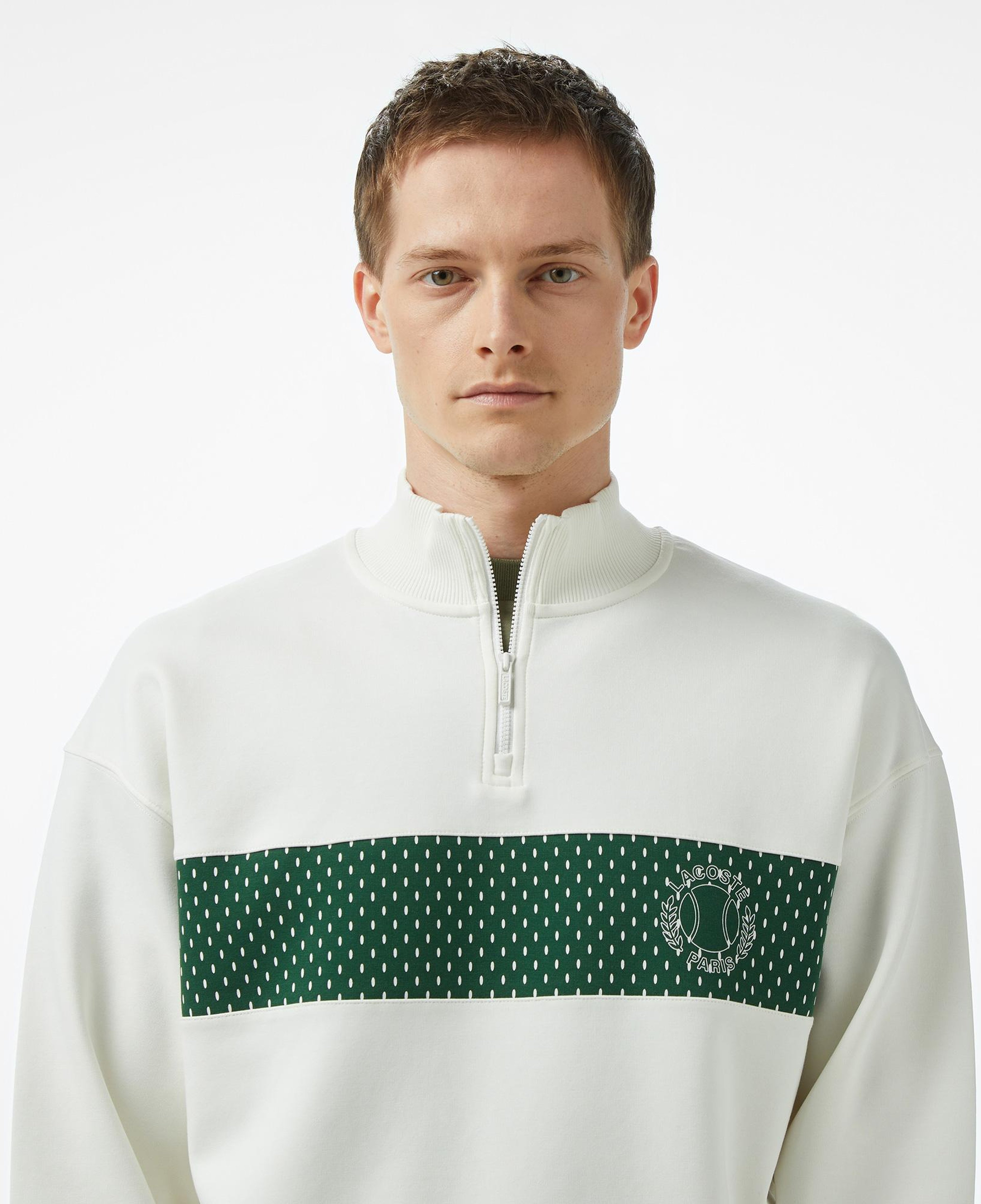 Erkek Loose Fit Yarım Fermuarlı Baskılı Beyaz Sweatshirt