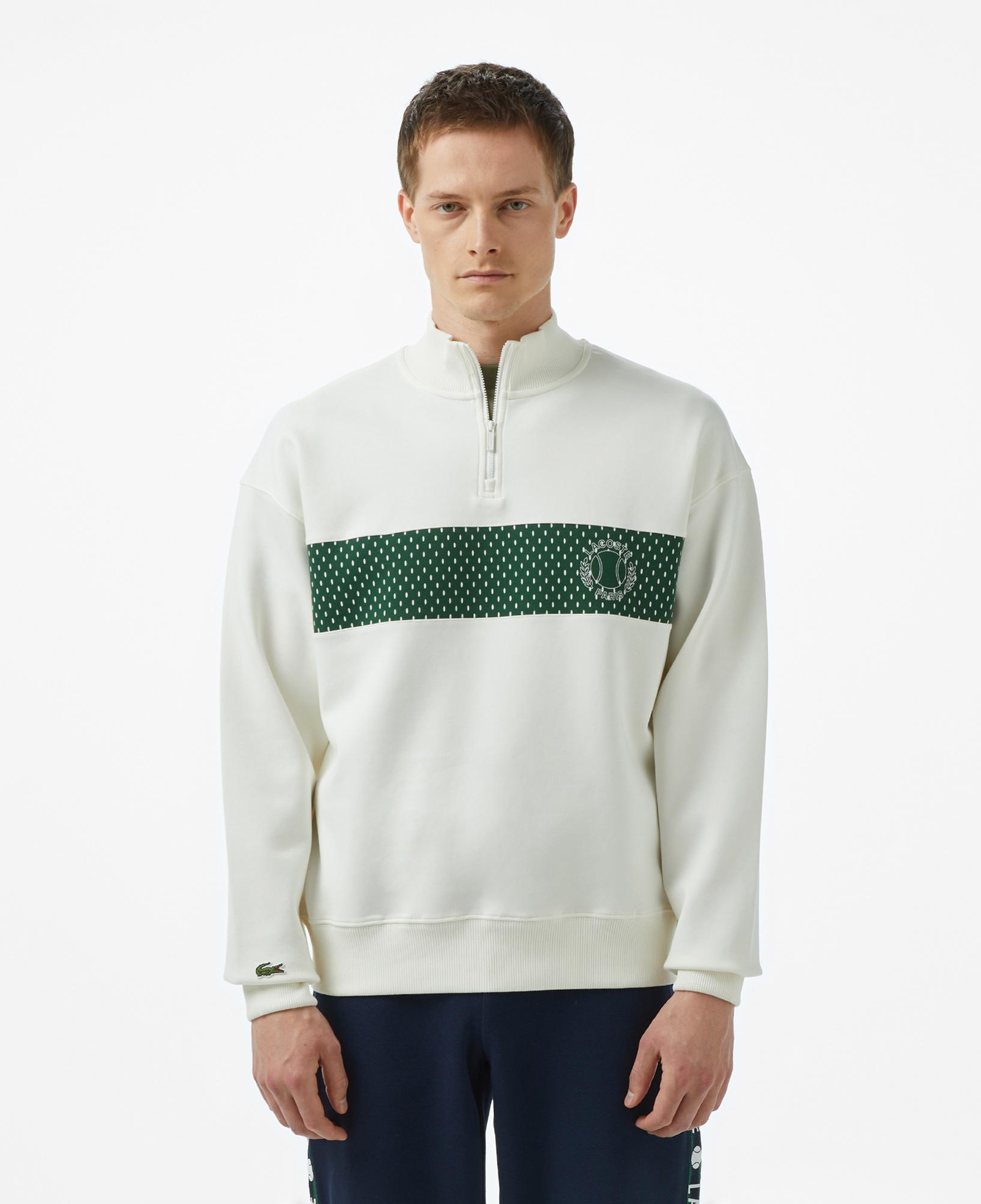 Erkek Loose Fit Yarım Fermuarlı Baskılı Beyaz Sweatshirt