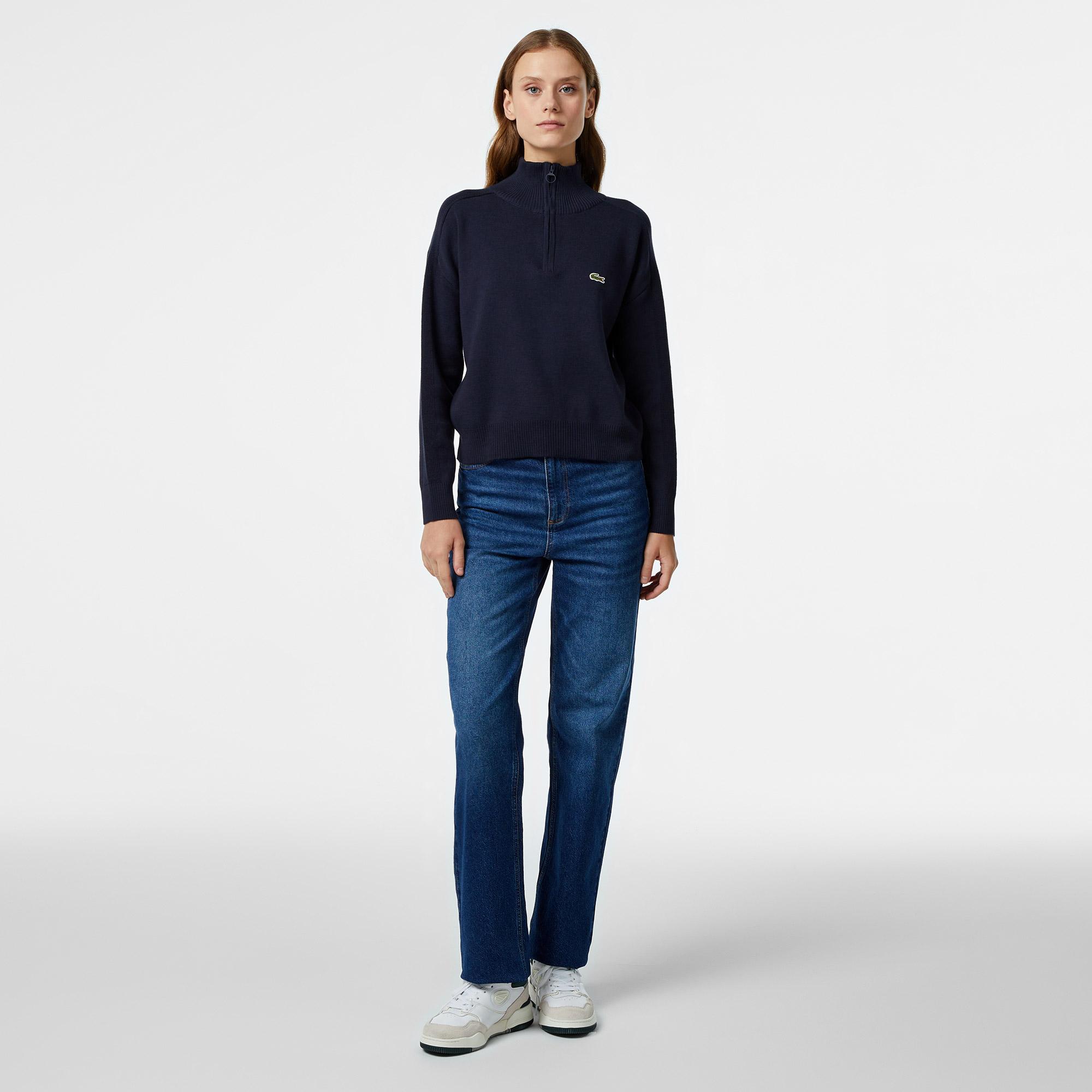 Lacoste Kadın Relaxed Fit Yarım Fermuarlı Lacivert Triko