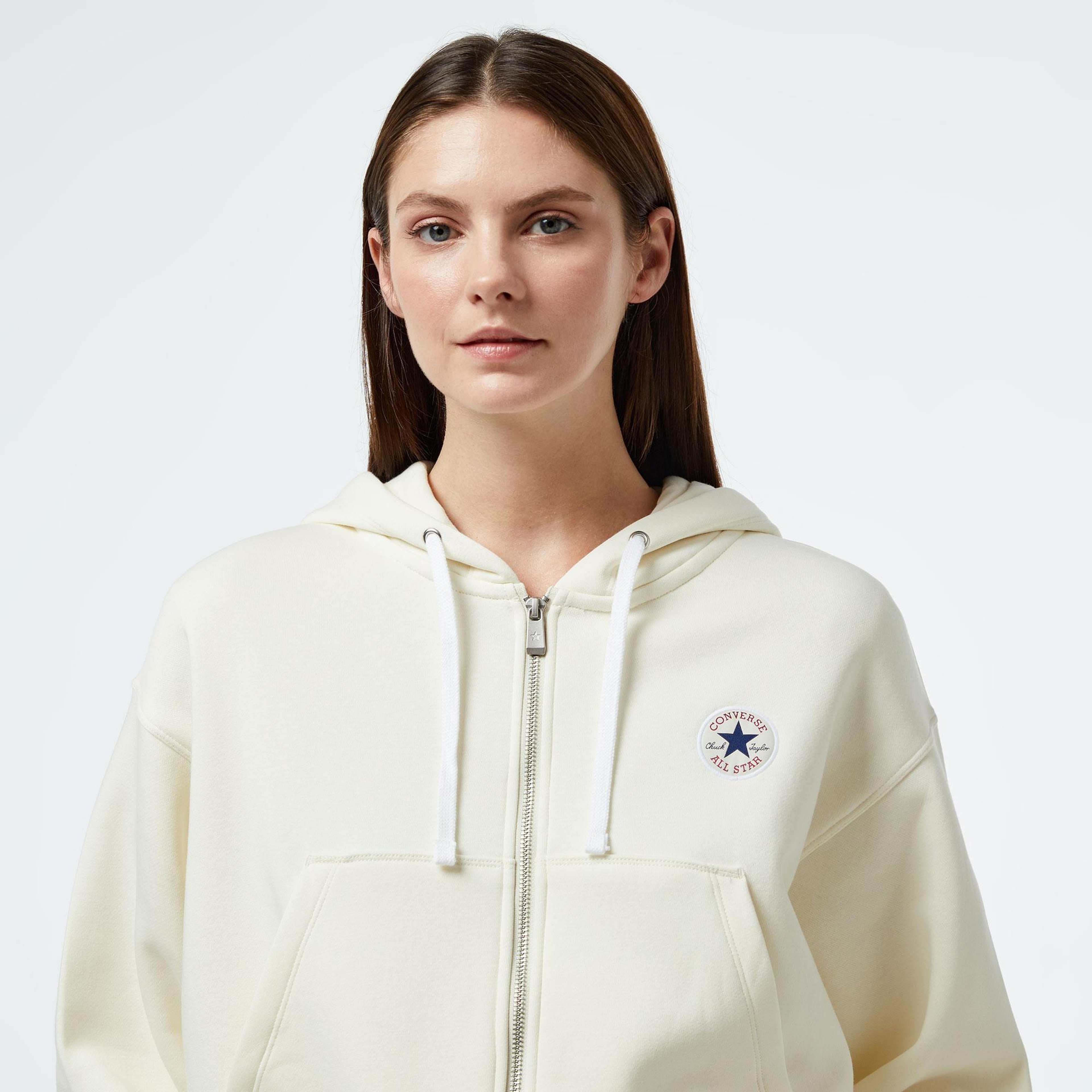 Converse Retro Fermuarlı Baskılı Kadın Krem Hoodie