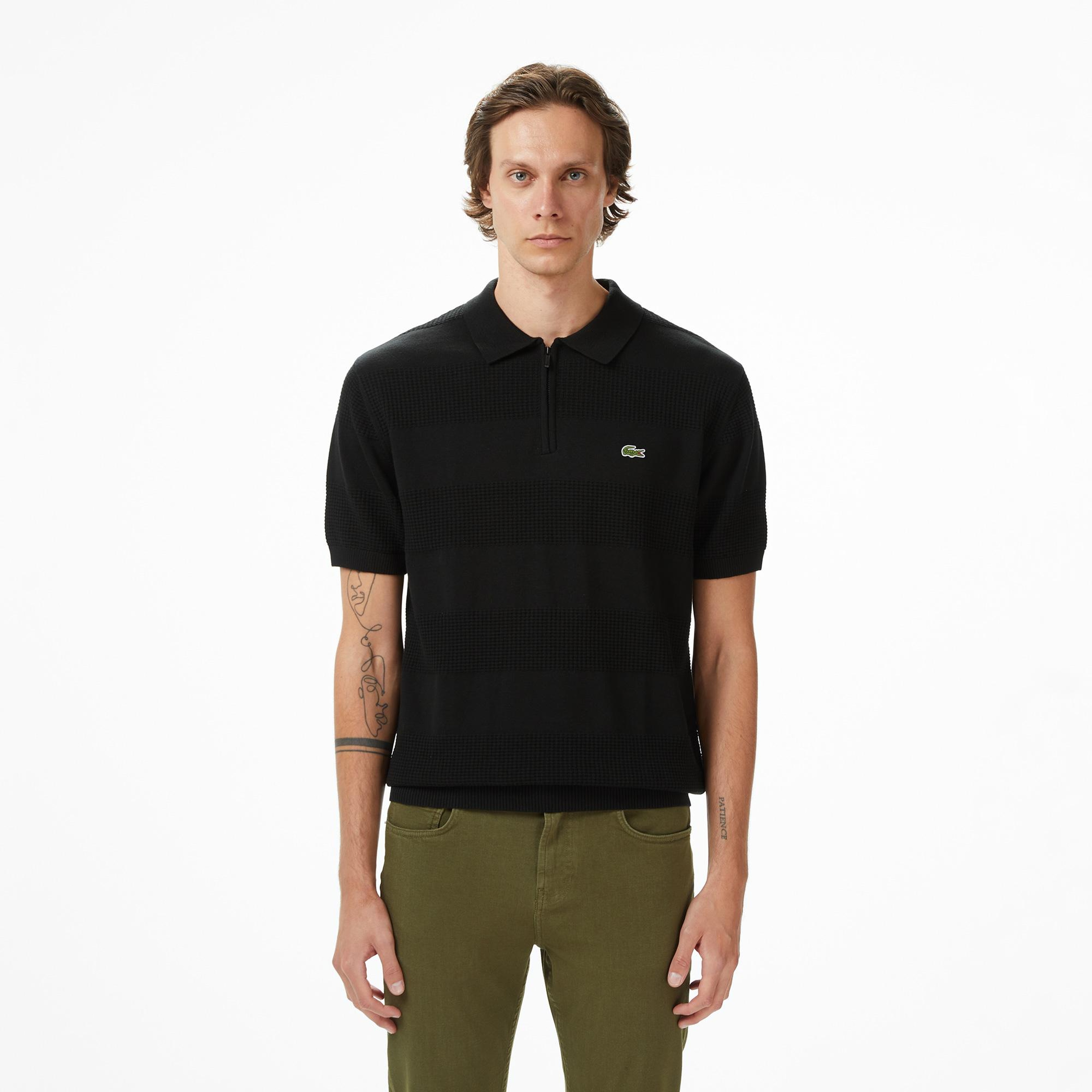 Erkek Classic Fit Kısa Kollu Polo Yaka Çizgili Siyah Triko