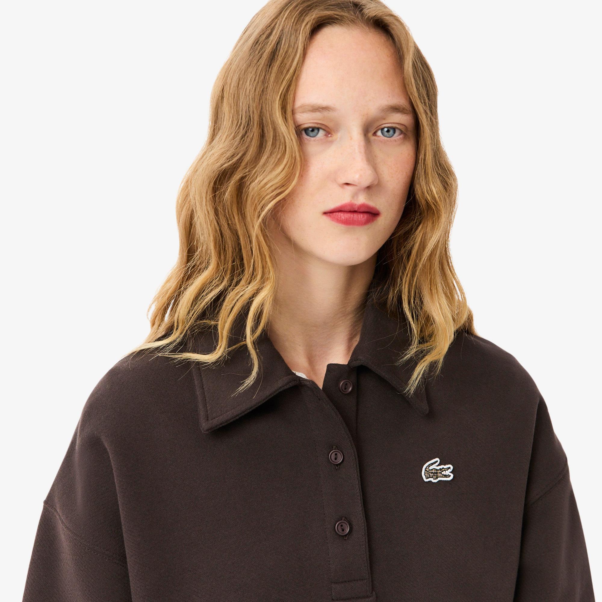 Kadın Oversize Fit Polo Yaka Kahverengi Sweatshirt