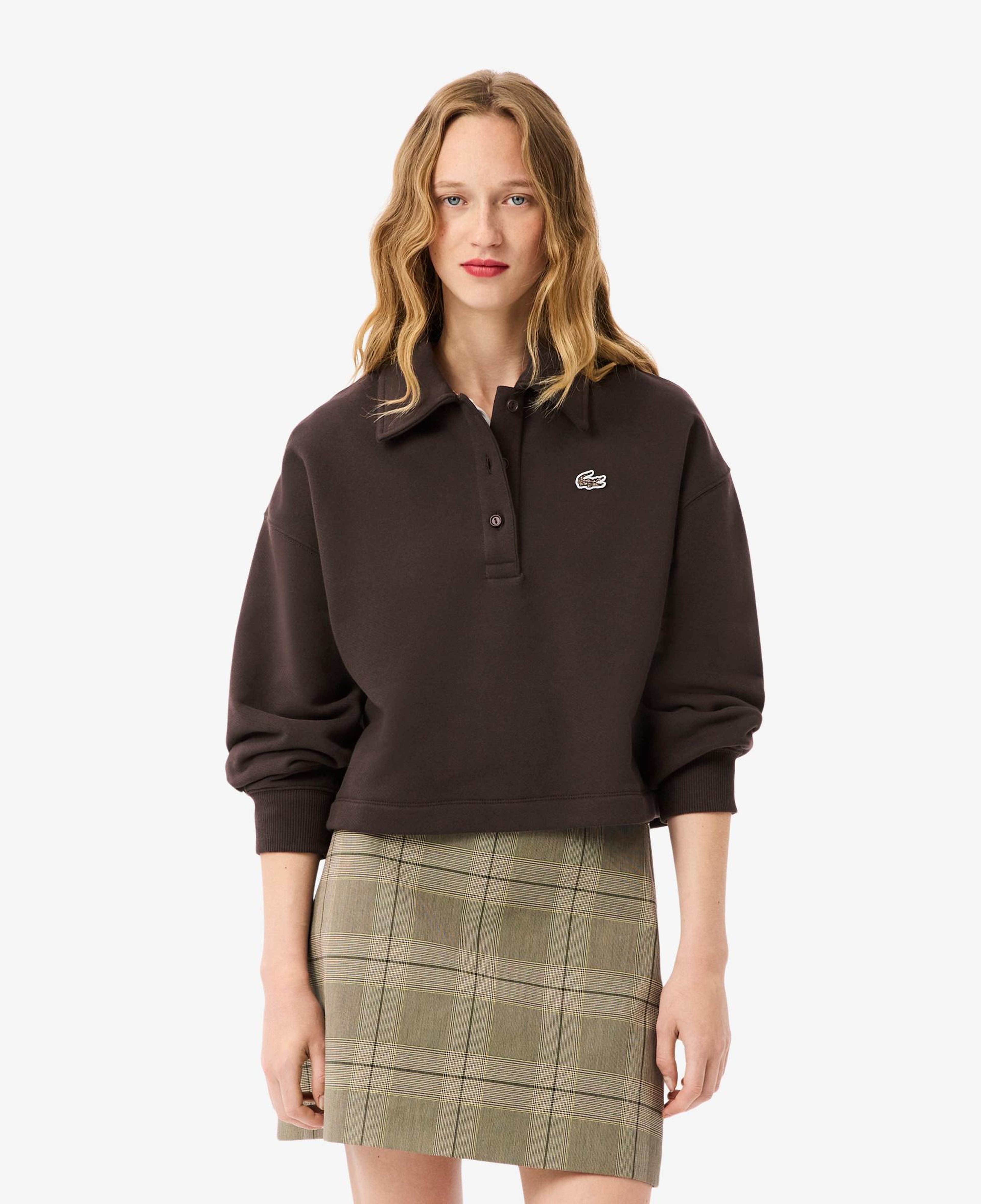 Kadın Oversize Fit Polo Yaka Kahverengi Sweatshirt