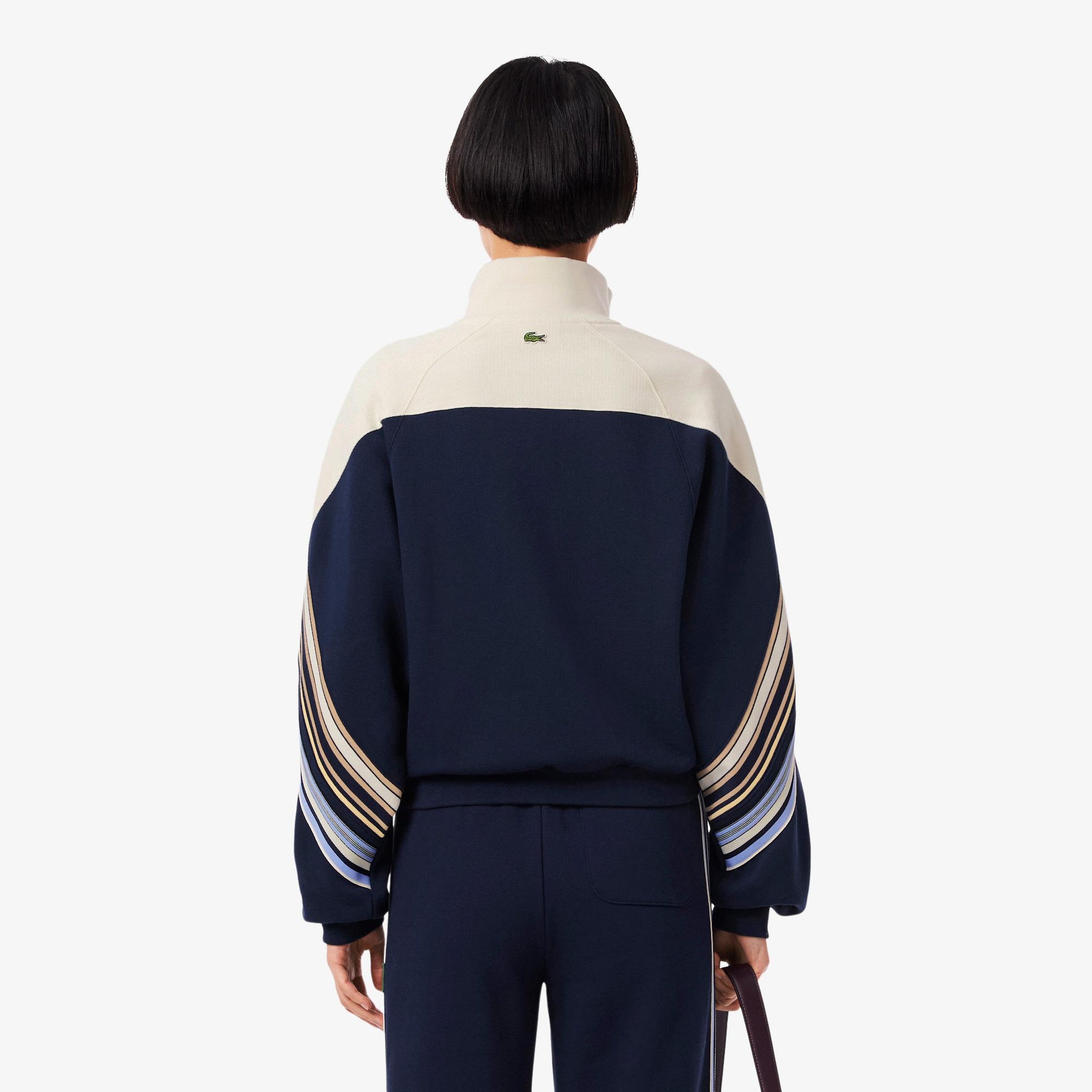 Kadın Relaxed Fit Fermuarlı Çizgili Lacivert Modal Karışımlı Sweatshirt