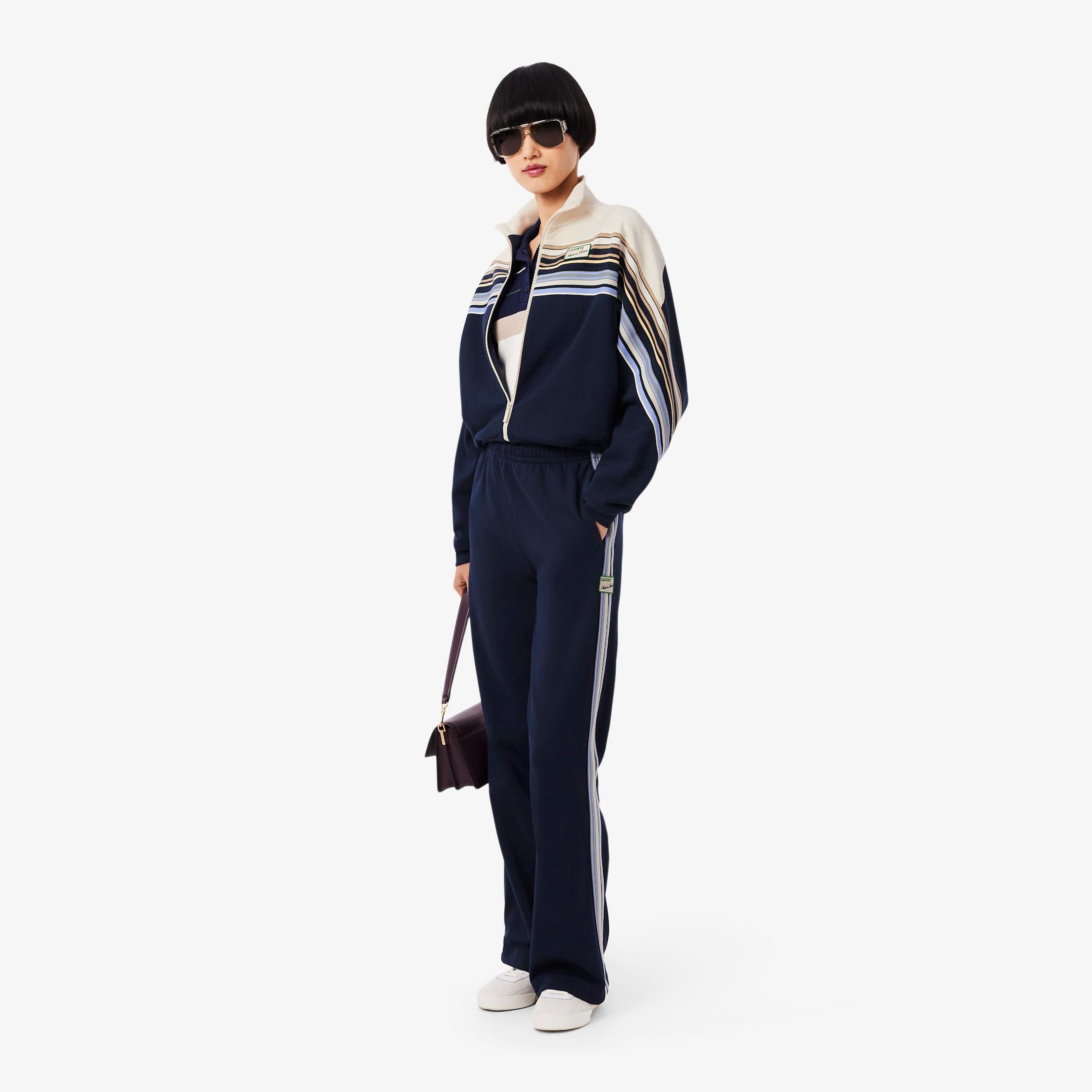 Kadın Relaxed Fit Fermuarlı Çizgili Lacivert Modal Karışımlı Sweatshirt