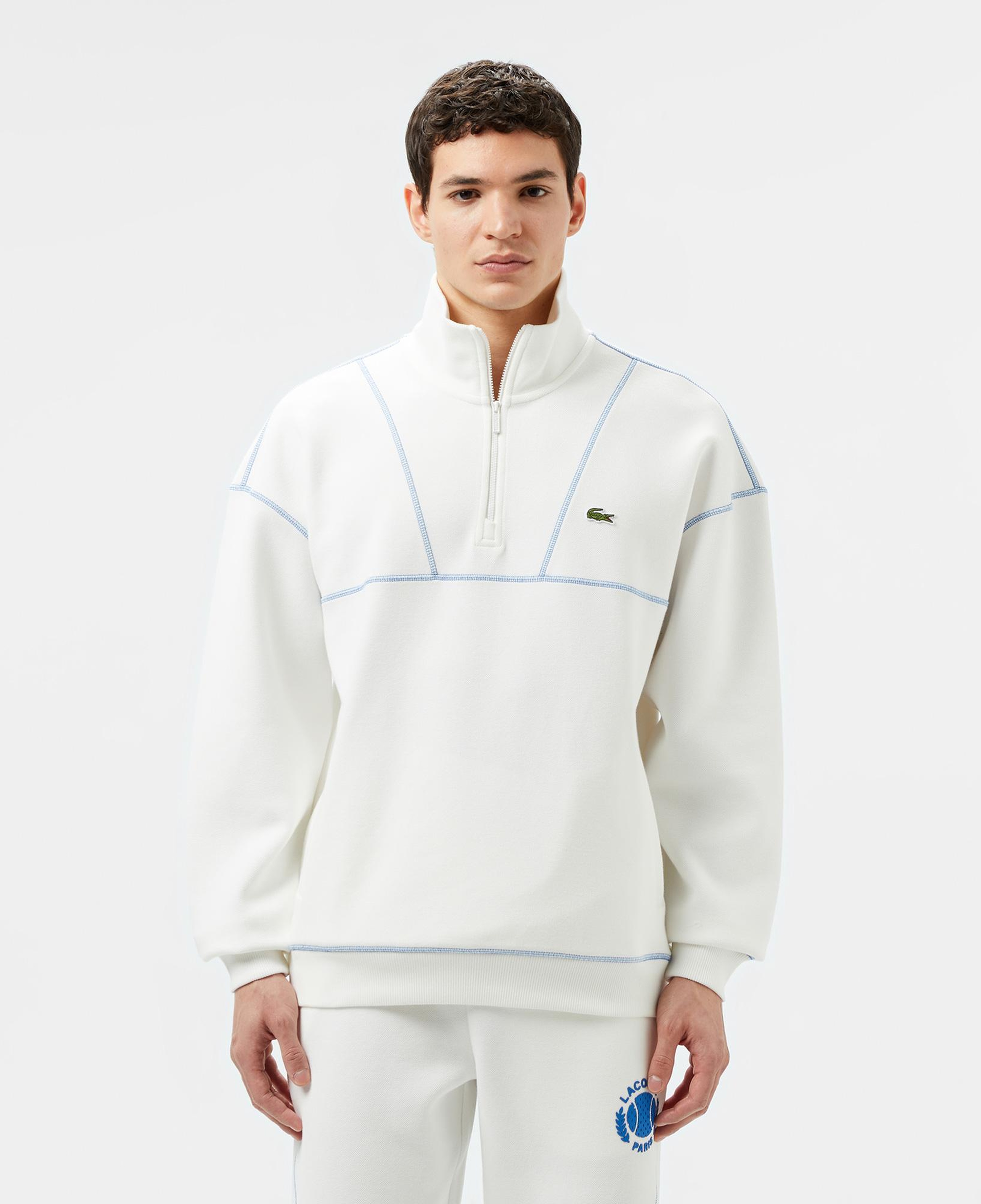 Erkek Relaxed Fit Yarım Fermuarlı Renk Bloklu Beyaz Sweatshirt