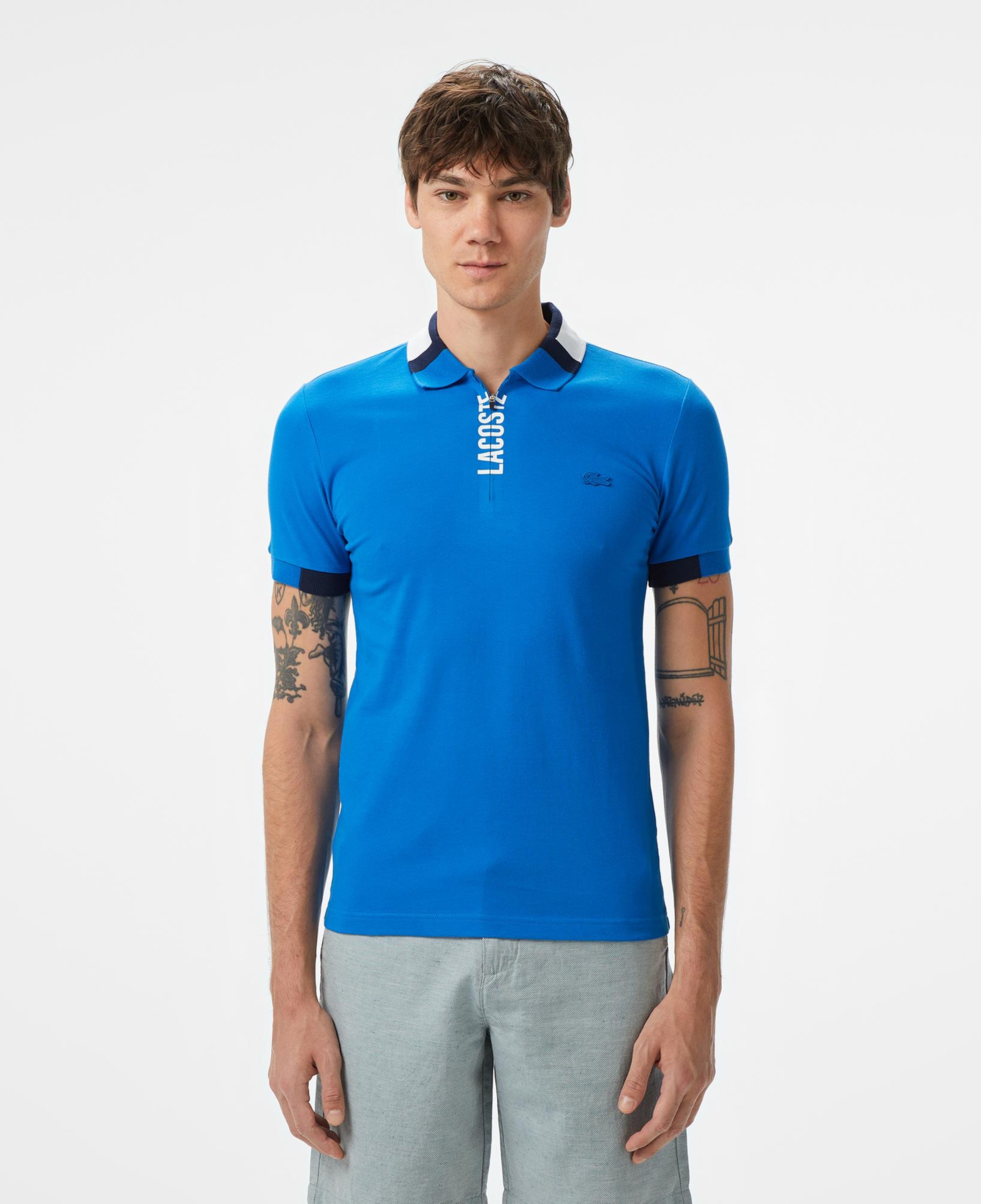 Erkek Regular Fit Yarım Fermuarlı Baskılı Mavi Polo