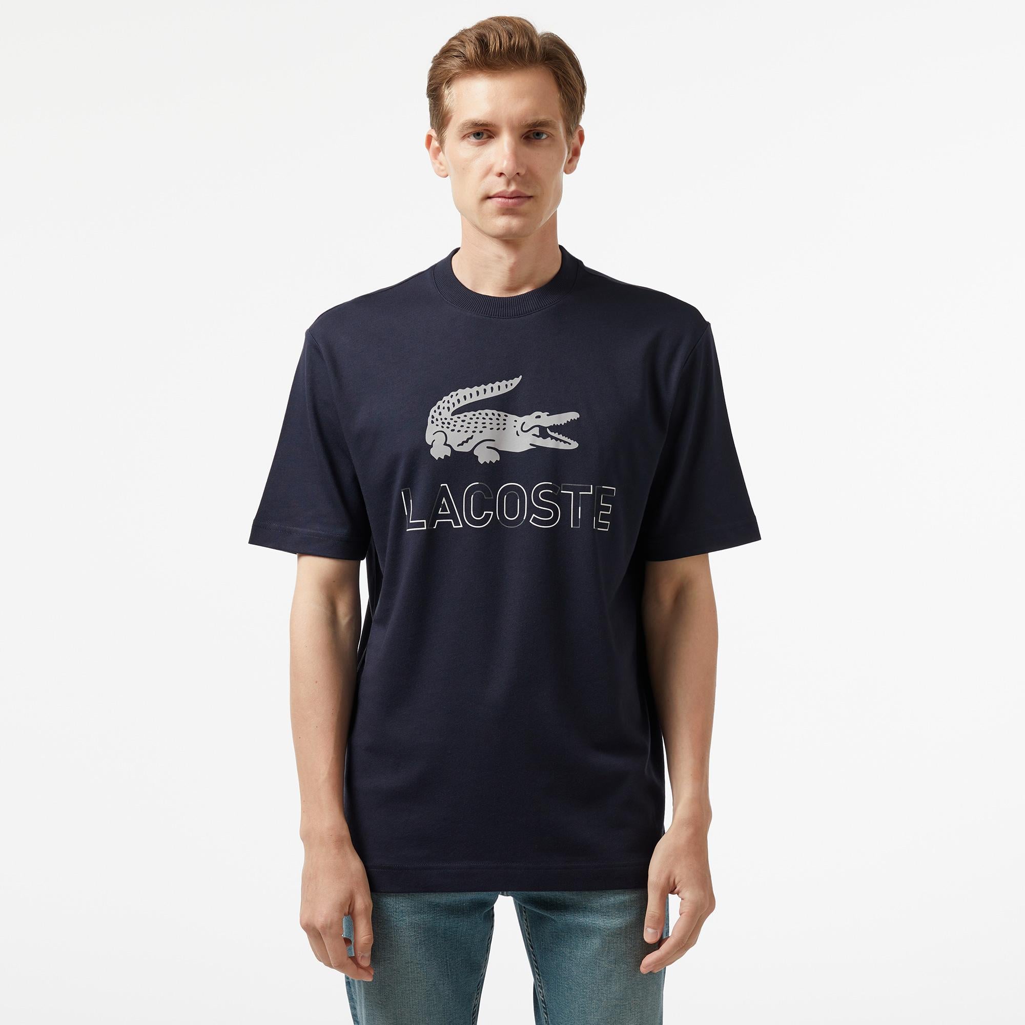 Erkek Loose Fit Bisiklet Yaka Baskılı Lacivert Modal Karışımlı T-Shirt