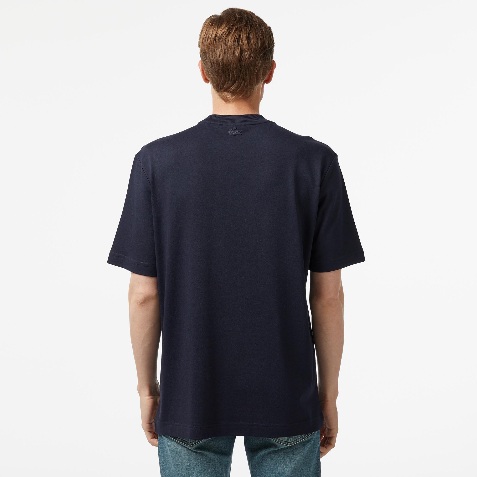Erkek Loose Fit Bisiklet Yaka Baskılı Lacivert Modal Karışımlı T-Shirt