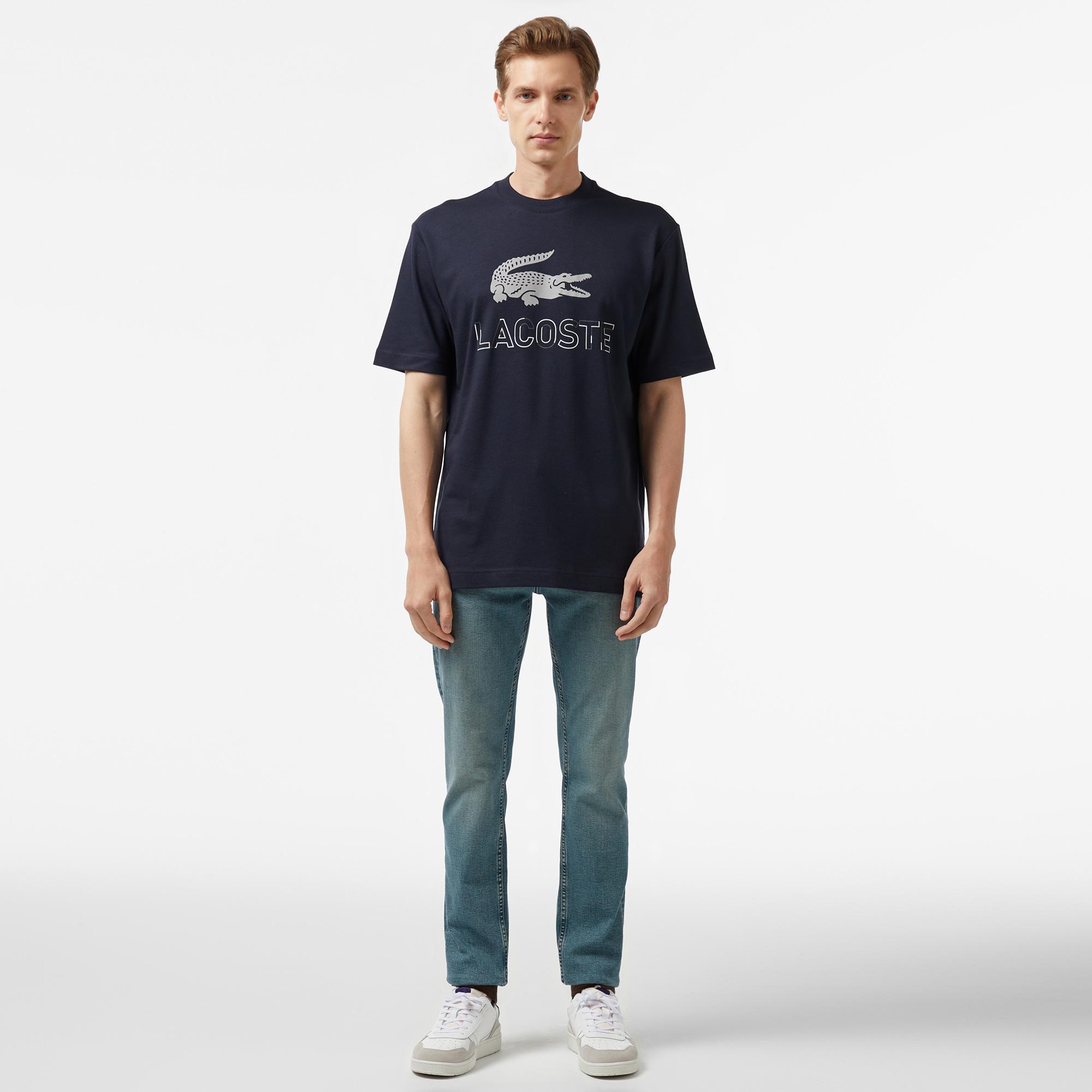 Erkek Loose Fit Bisiklet Yaka Baskılı Lacivert Modal Karışımlı T-Shirt